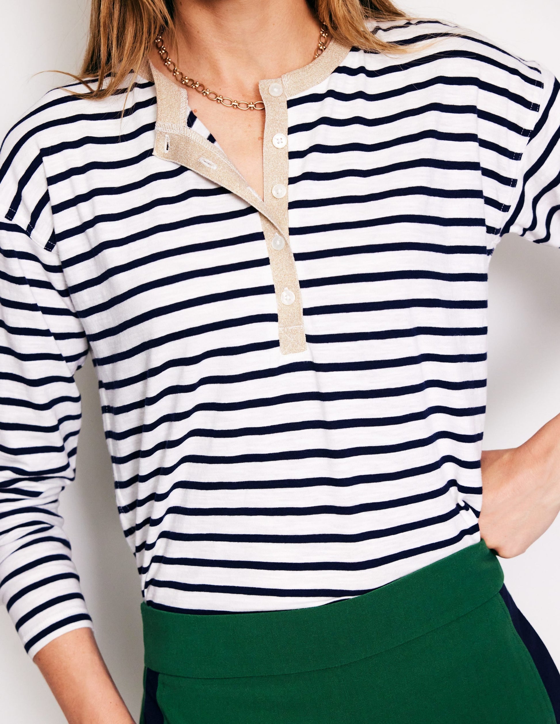 Metallic Trim Henley Top-Ivory, Navy Stripe-2