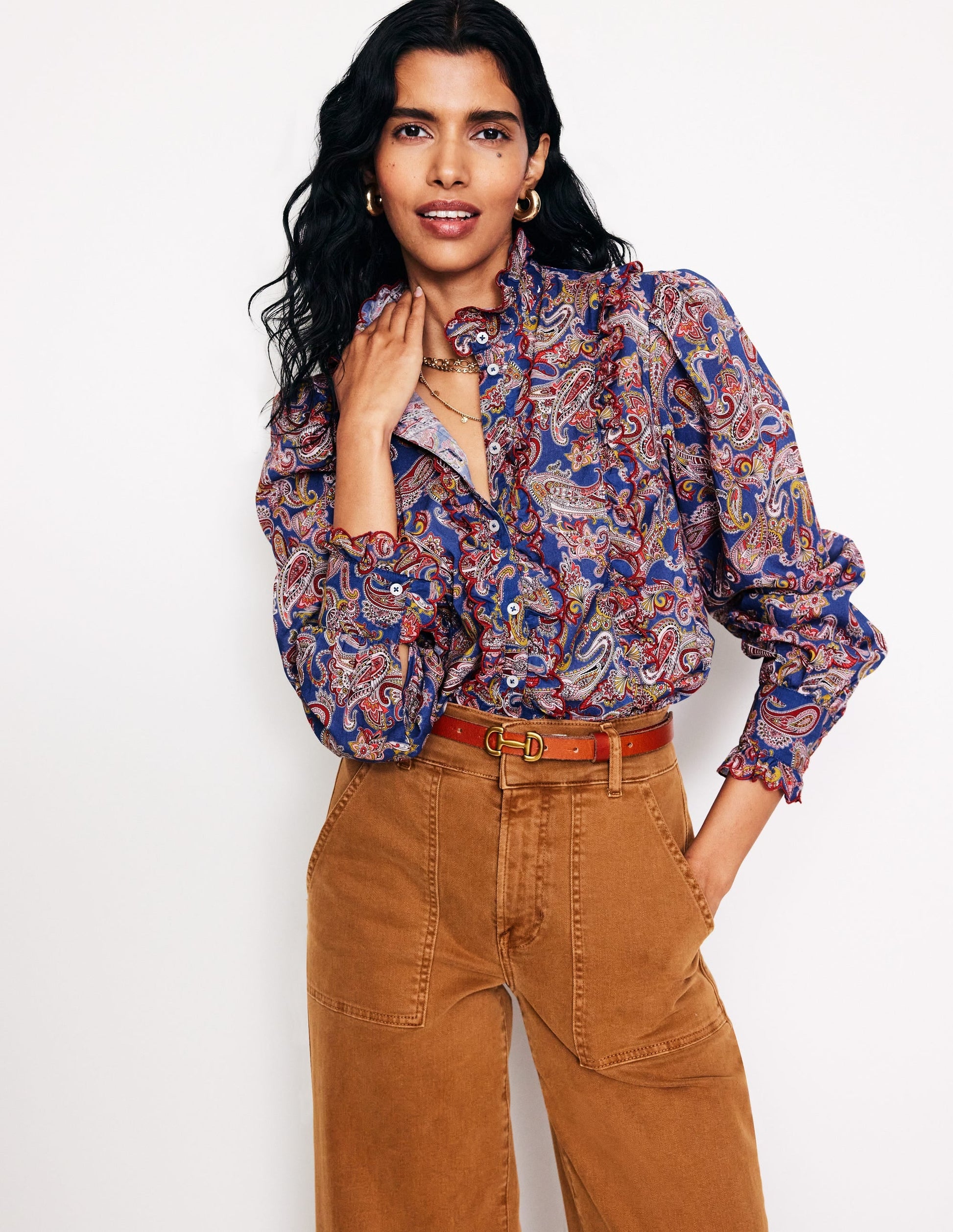 Ruffled Cotton Blouse-True Navy, Opulet Paisley-1
