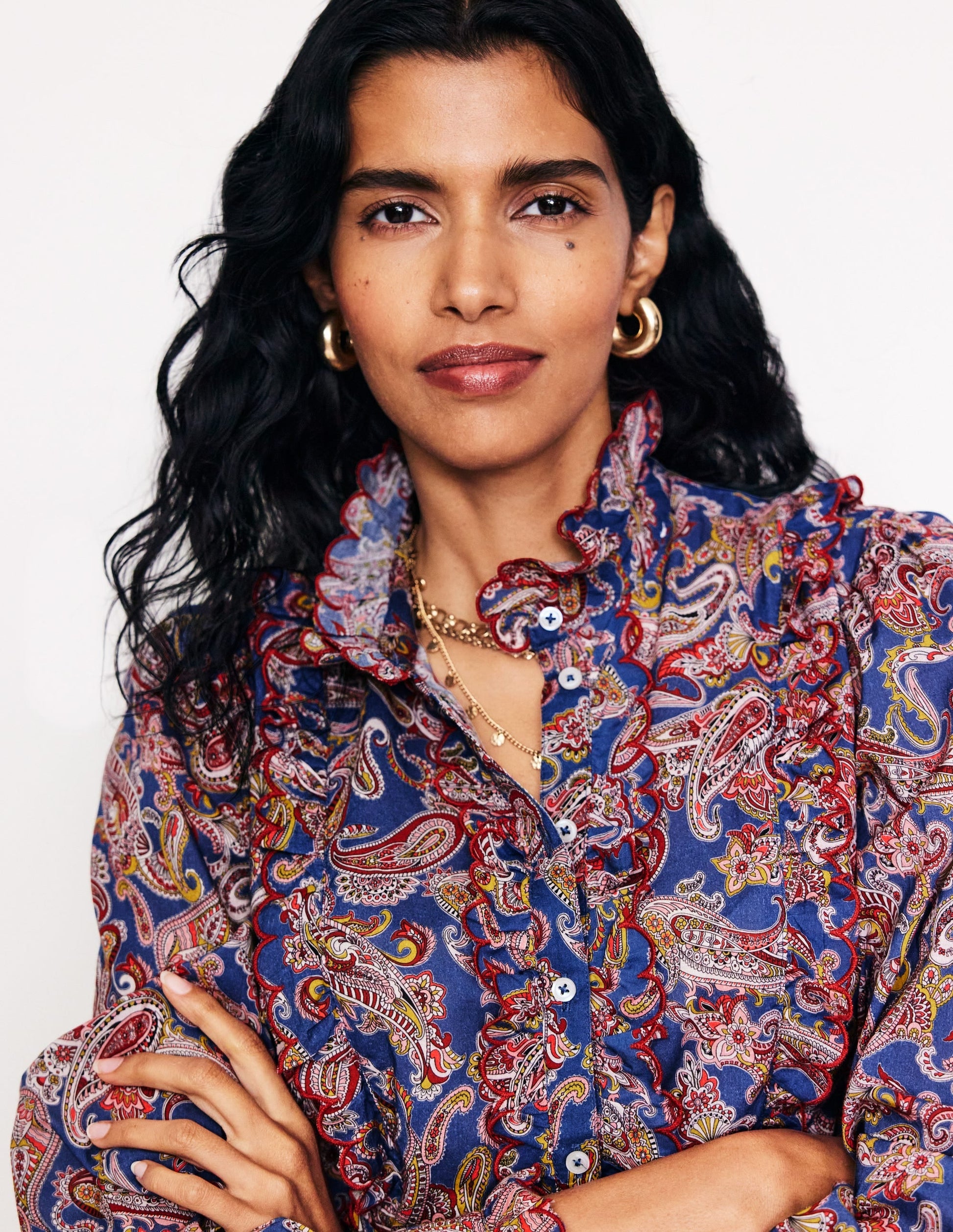Ruffled Cotton Blouse-True Navy, Opulet Paisley-2