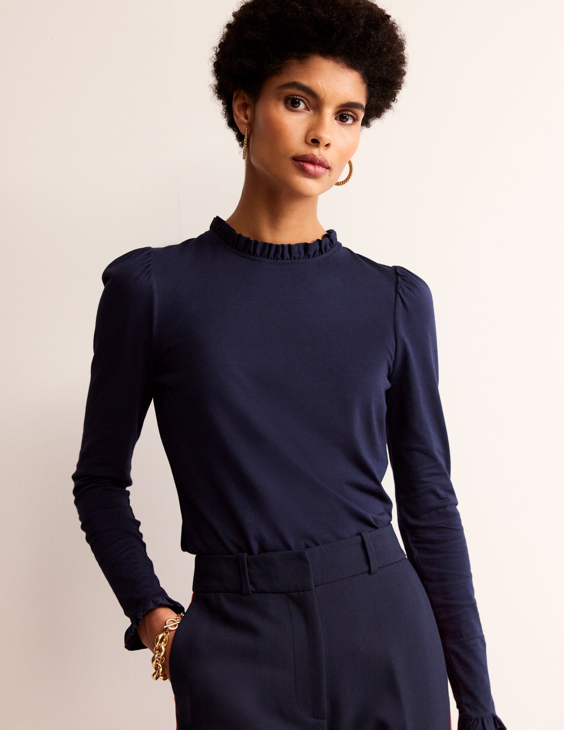 Supersoft Frill Detail Top-Navy-1