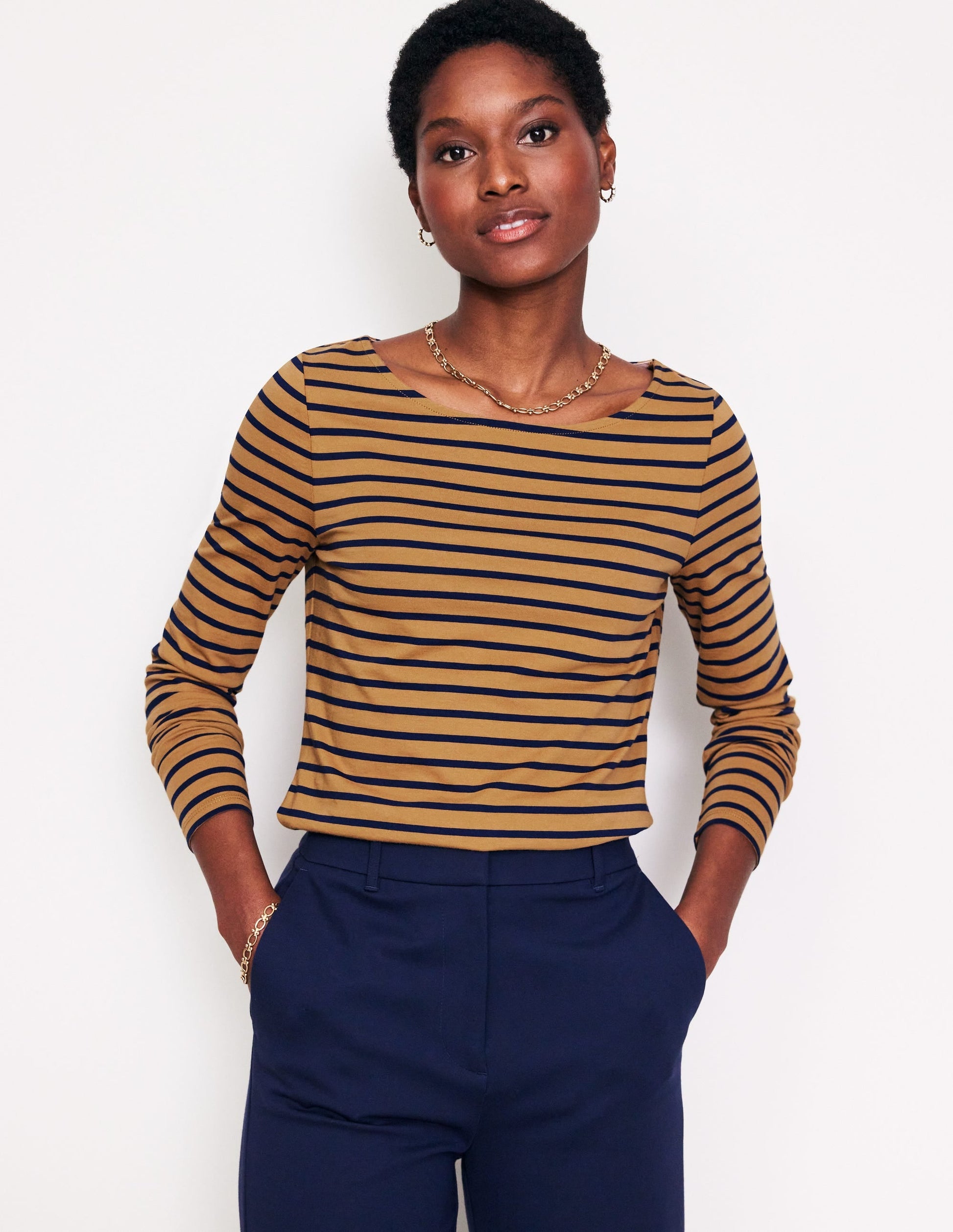 Ella Long Sleeve Breton-Camel, French Navy Stripe-1
