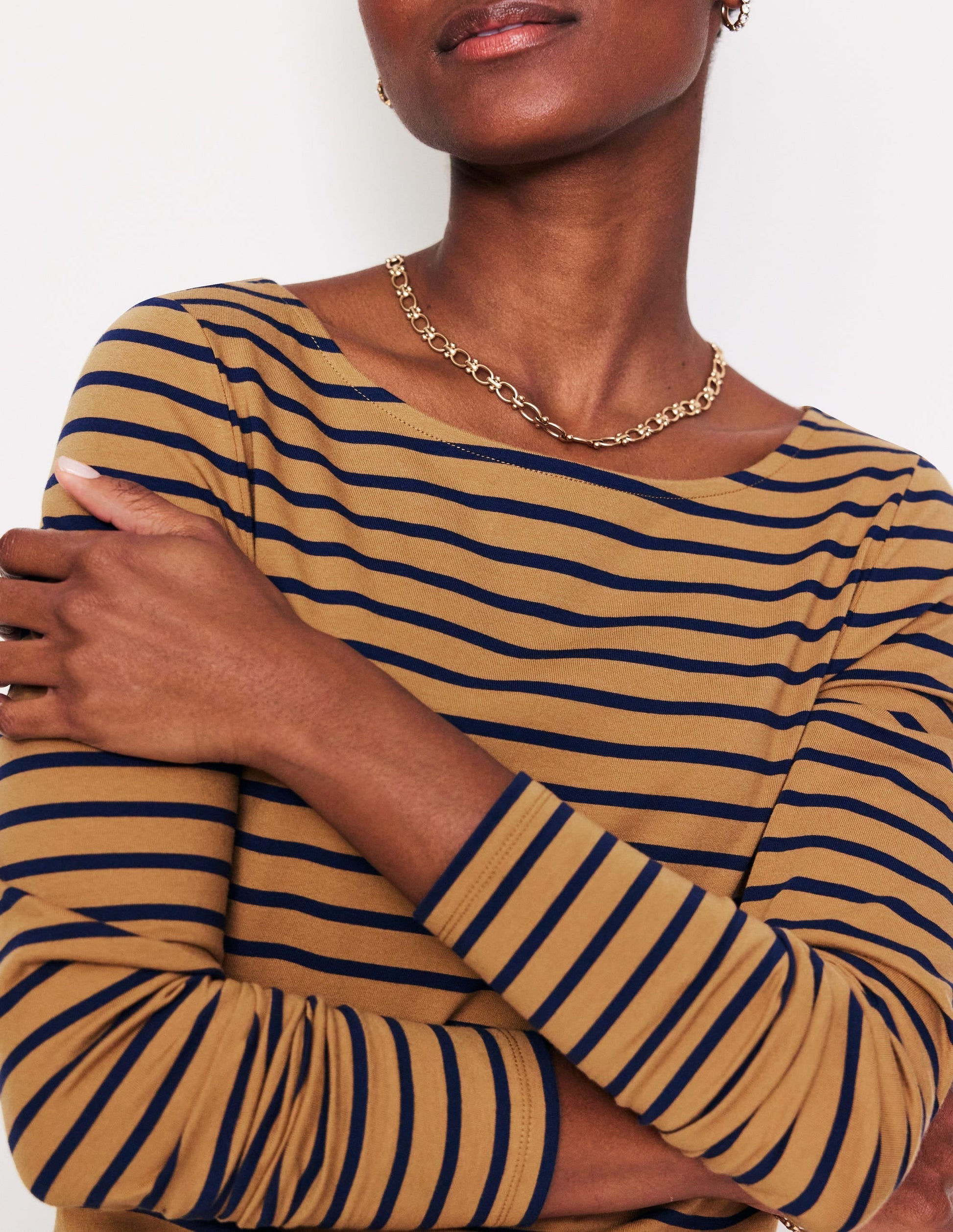 Ella Long Sleeve Breton-Camel, French Navy Stripe-2