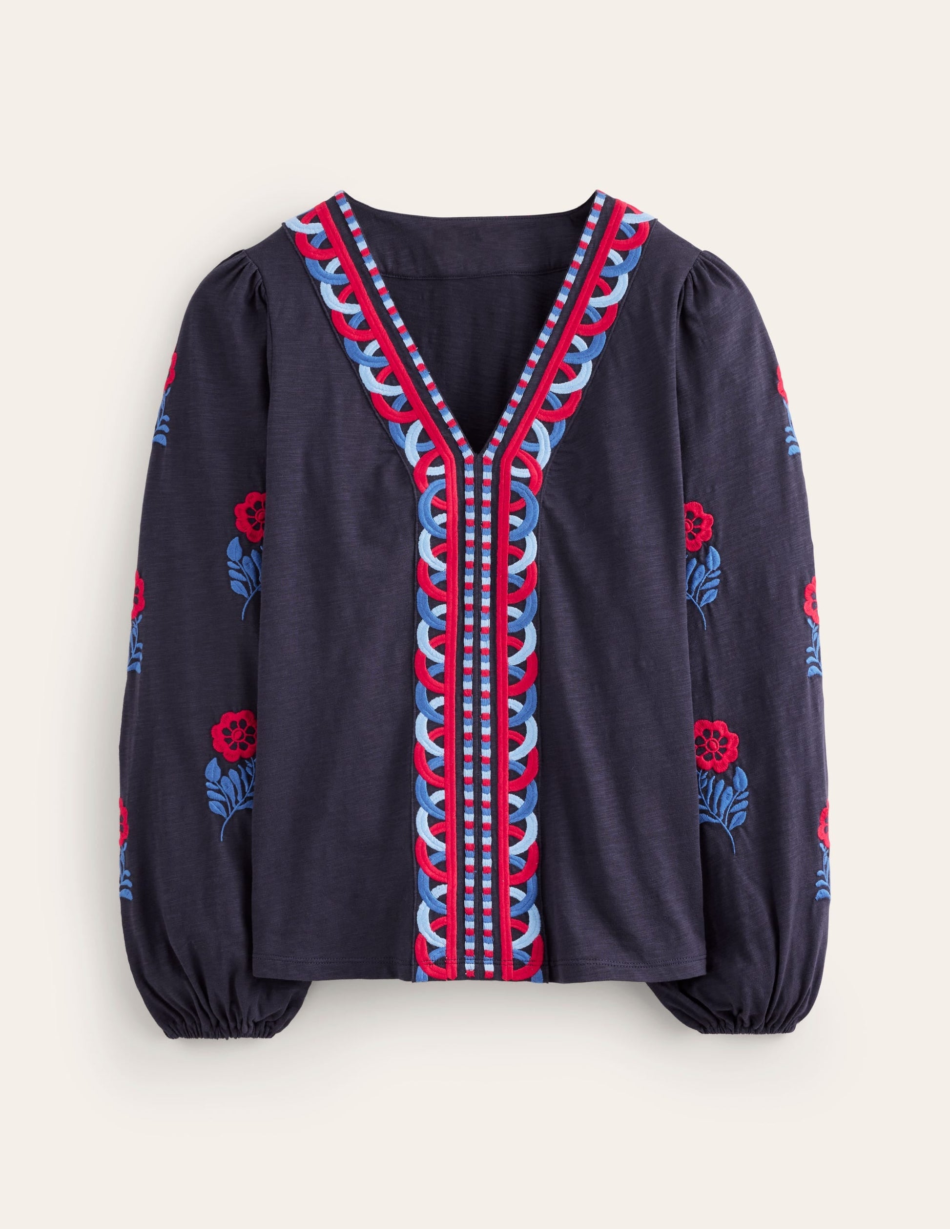 Embroidered V-Neck Top-Navy, Red Embroidery-5