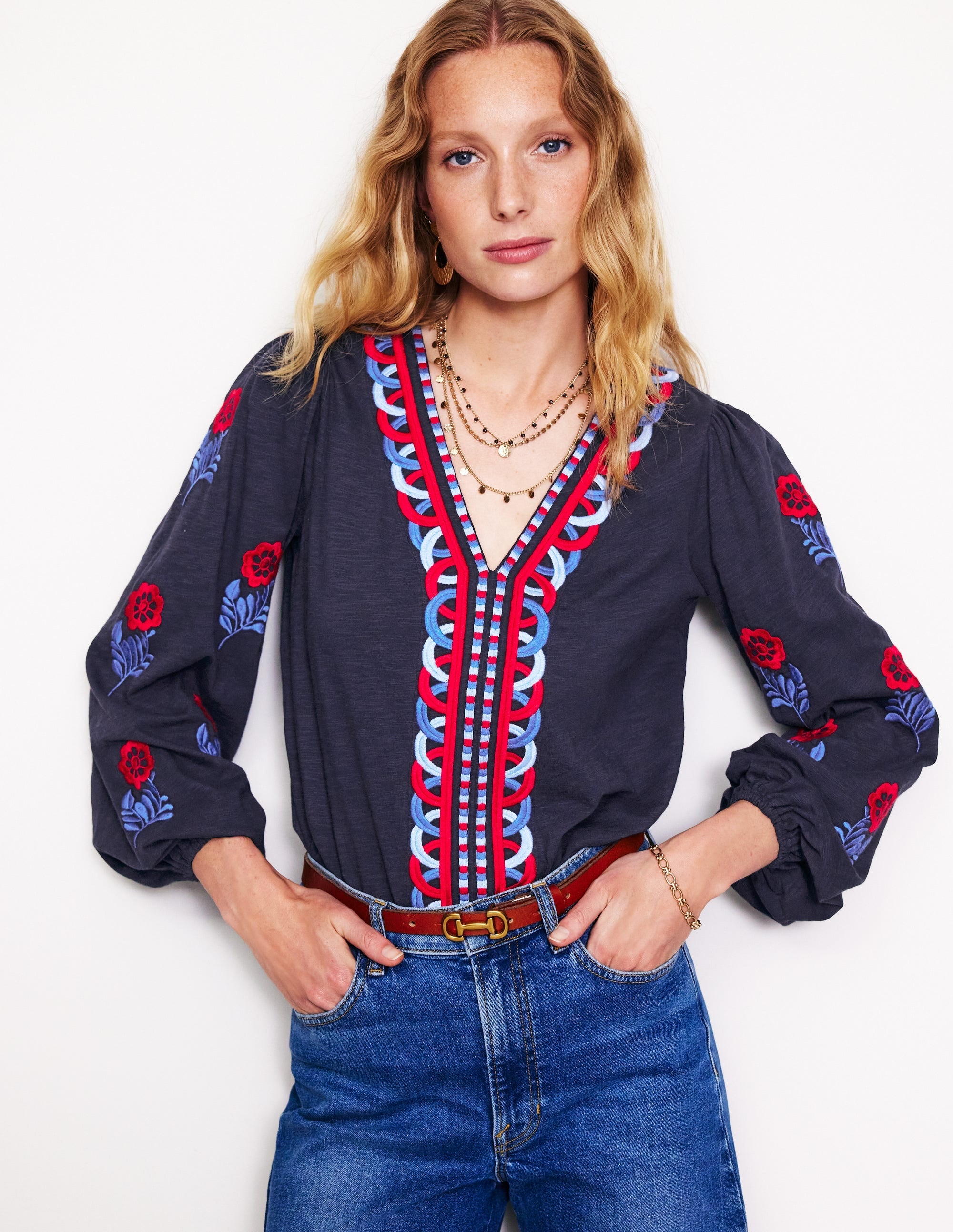 Embroidered V-Neck Top-Navy, Red Embroidery - Image 1