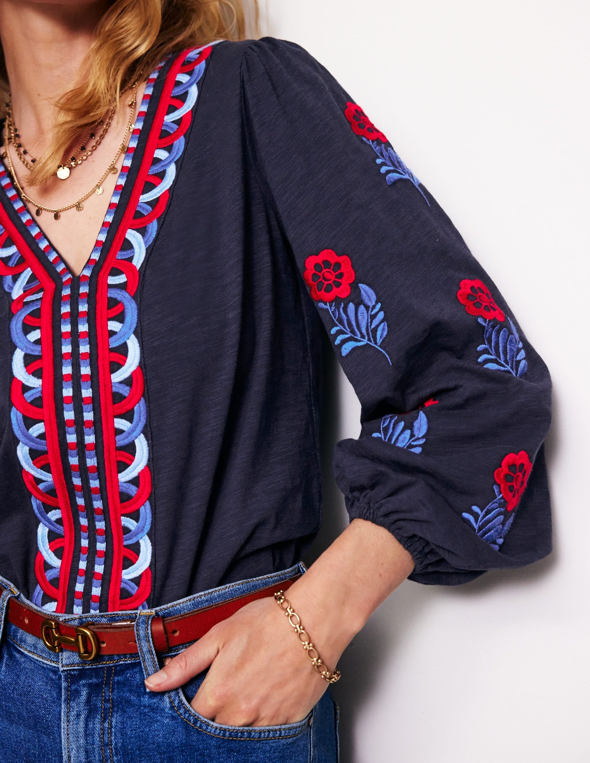 Embroidered V-Neck Top-Navy, Red Embroidery-2