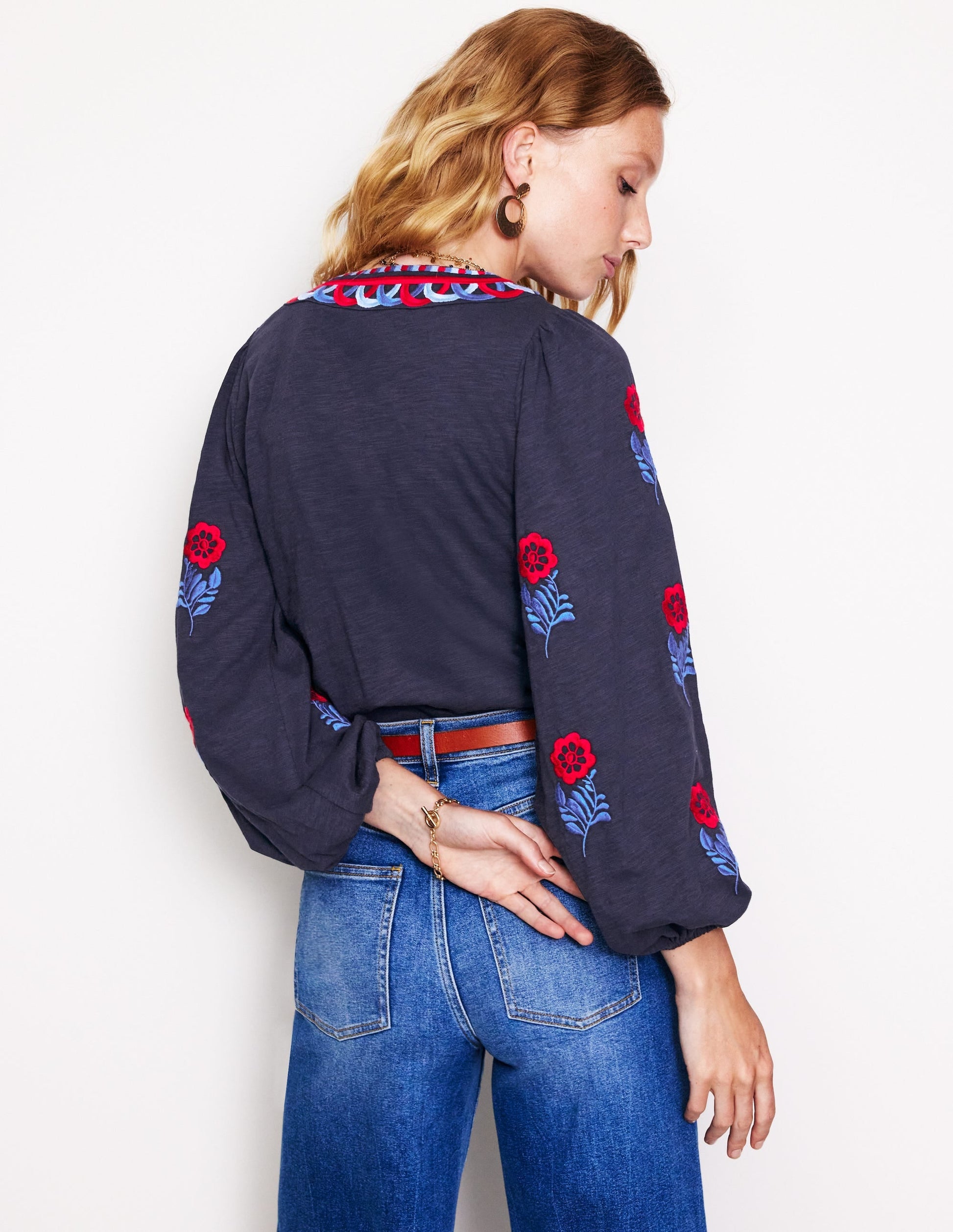 Embroidered V-Neck Top-Navy, Red Embroidery-3