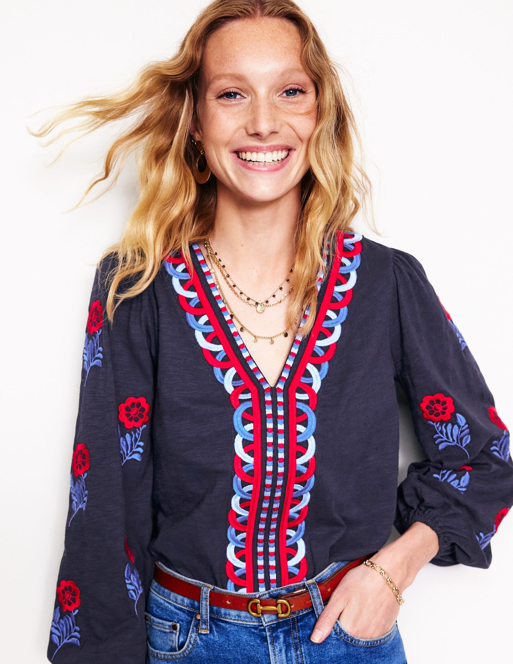 Embroidered V-Neck Top-Navy, Red Embroidery-4