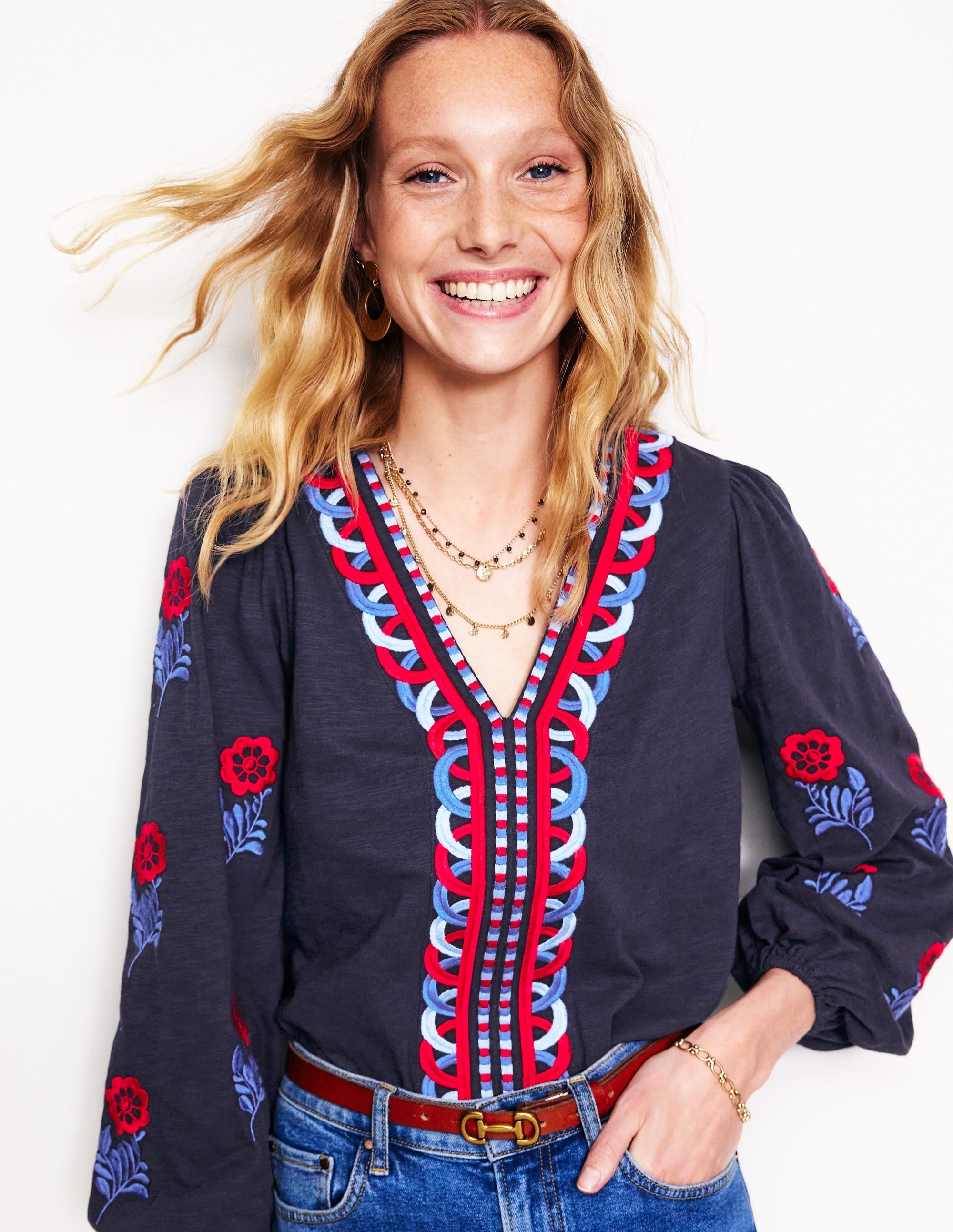 Embroidered V-Neck Top-Navy, Red Embroidery - Image 4