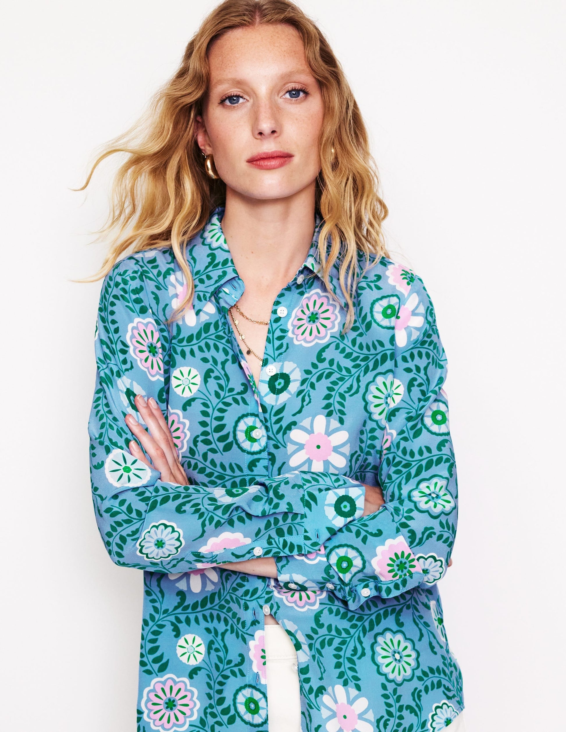 Sienna Silk Shirt-Vintage Blue, Meadow Vine-1