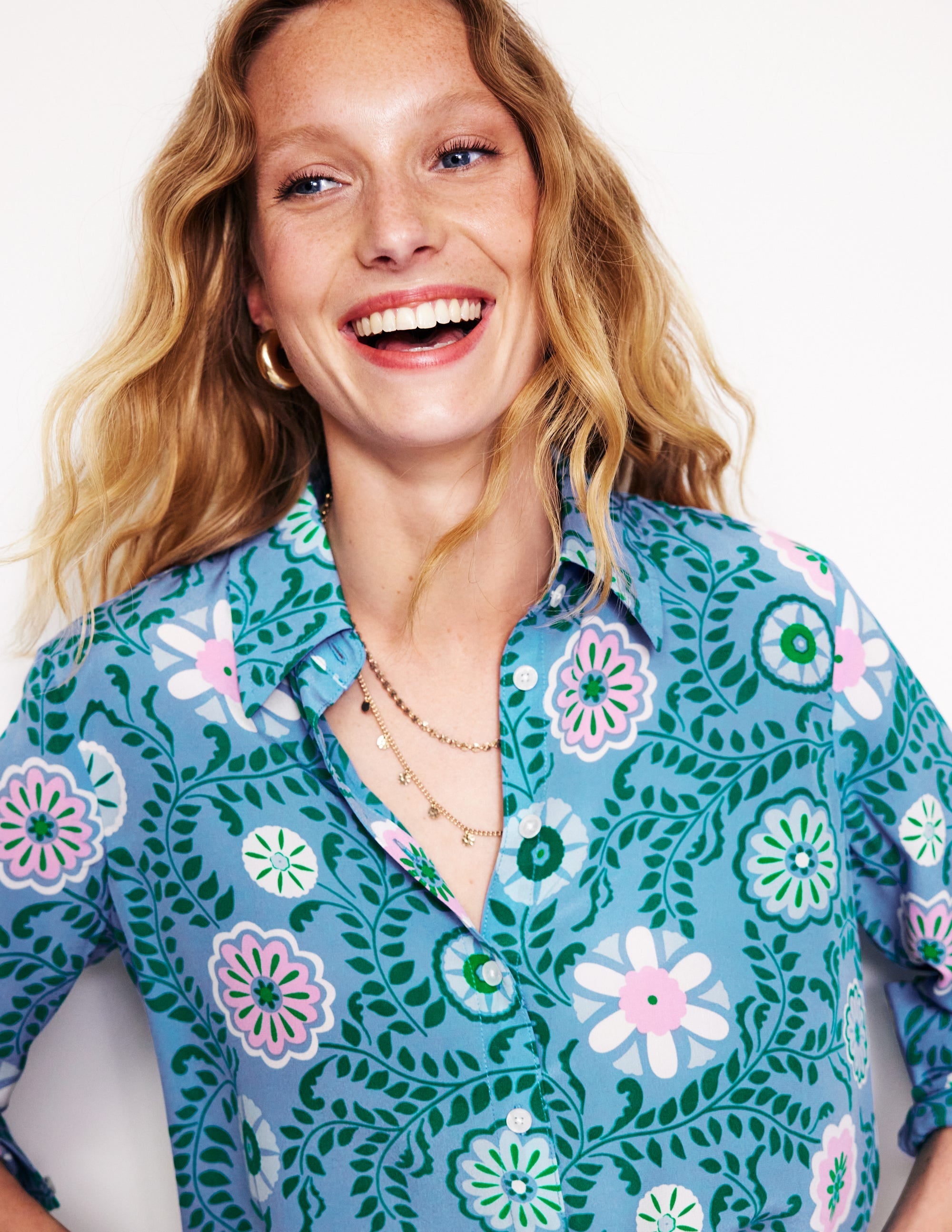 Sienna Silk Shirt-Vintage Blue, Meadow Vine - Image 2