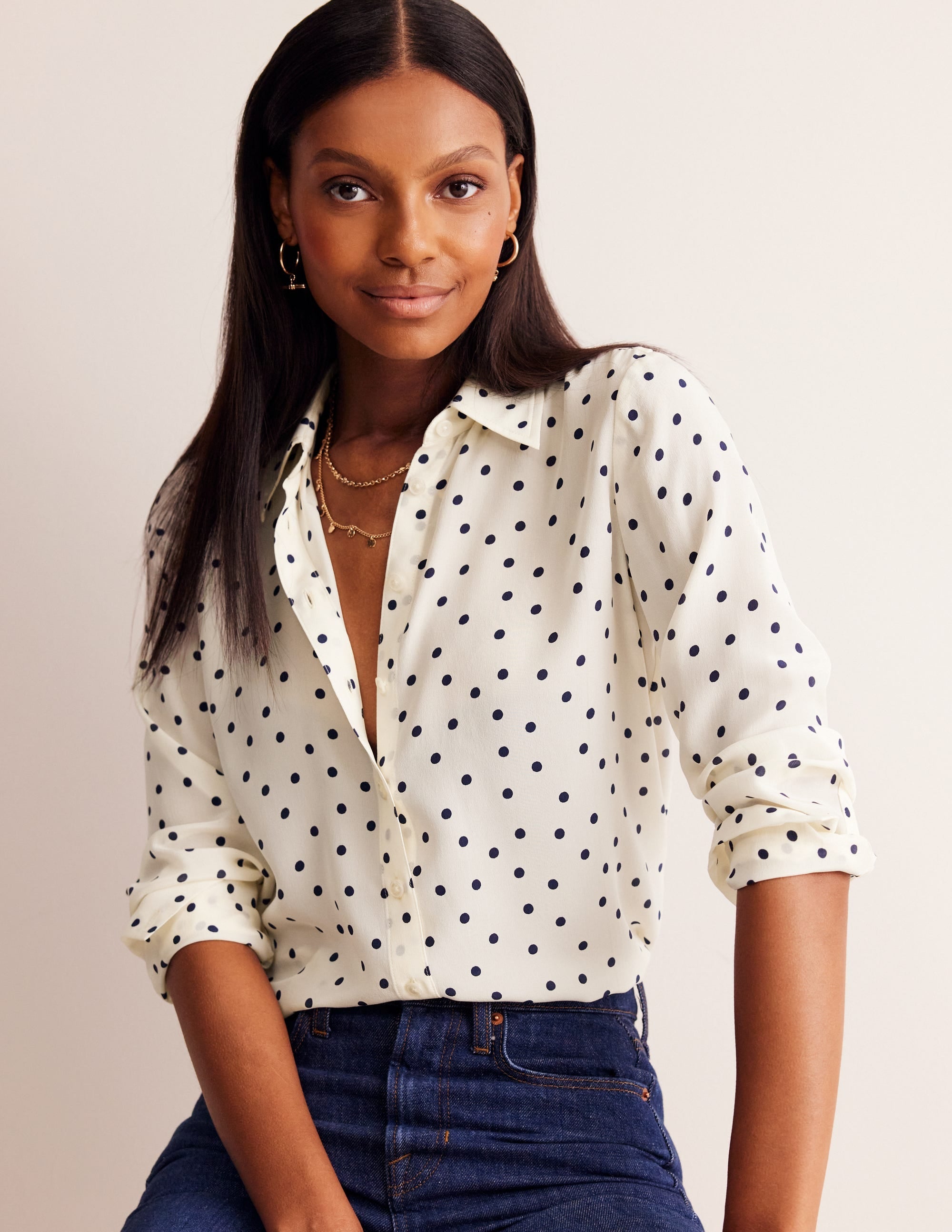 Sienna Silk Shirt-Ivory and Navy, Sparse Spot - Image 1