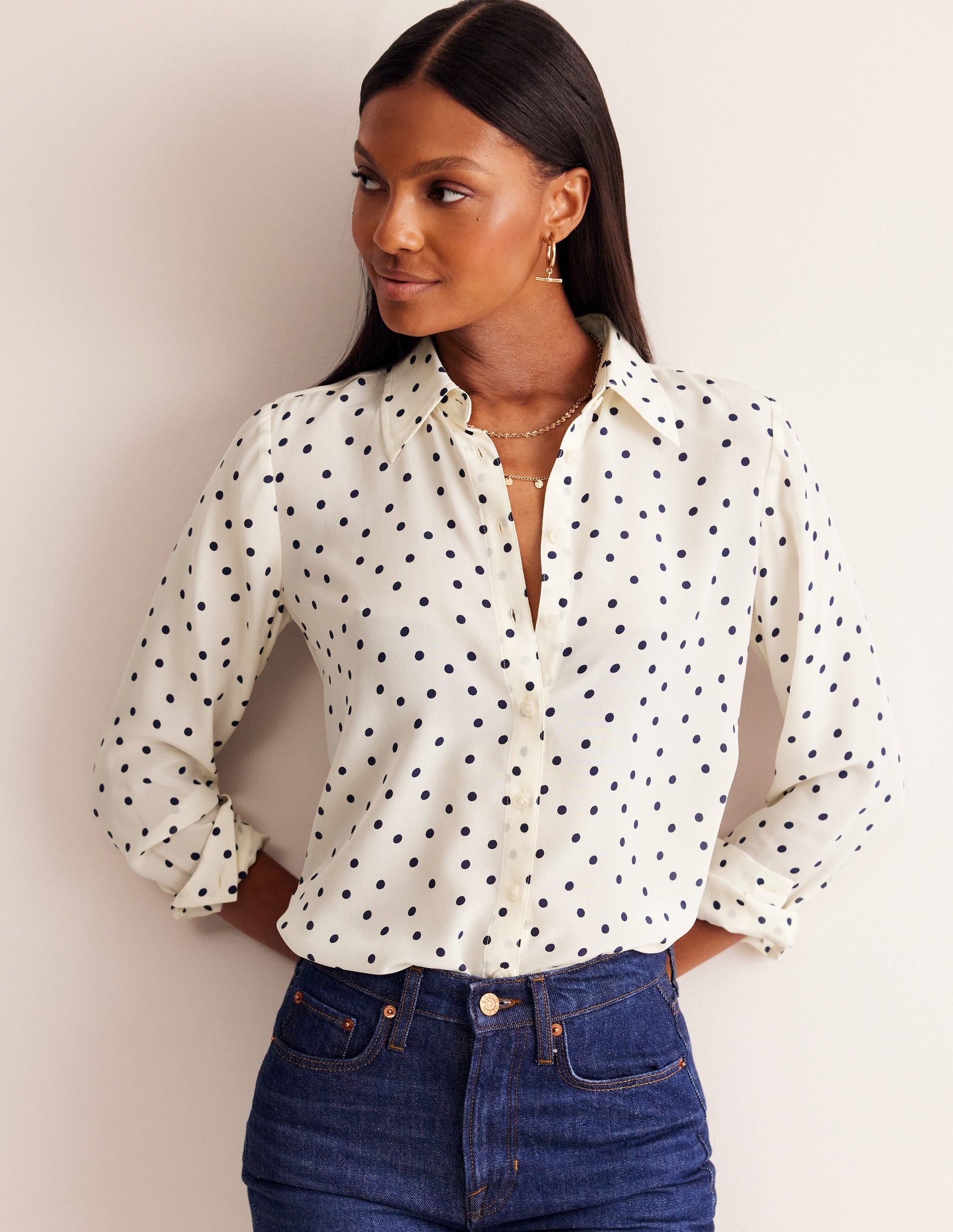Sienna Silk Shirt-Ivory and Navy, Sparse Spot-4