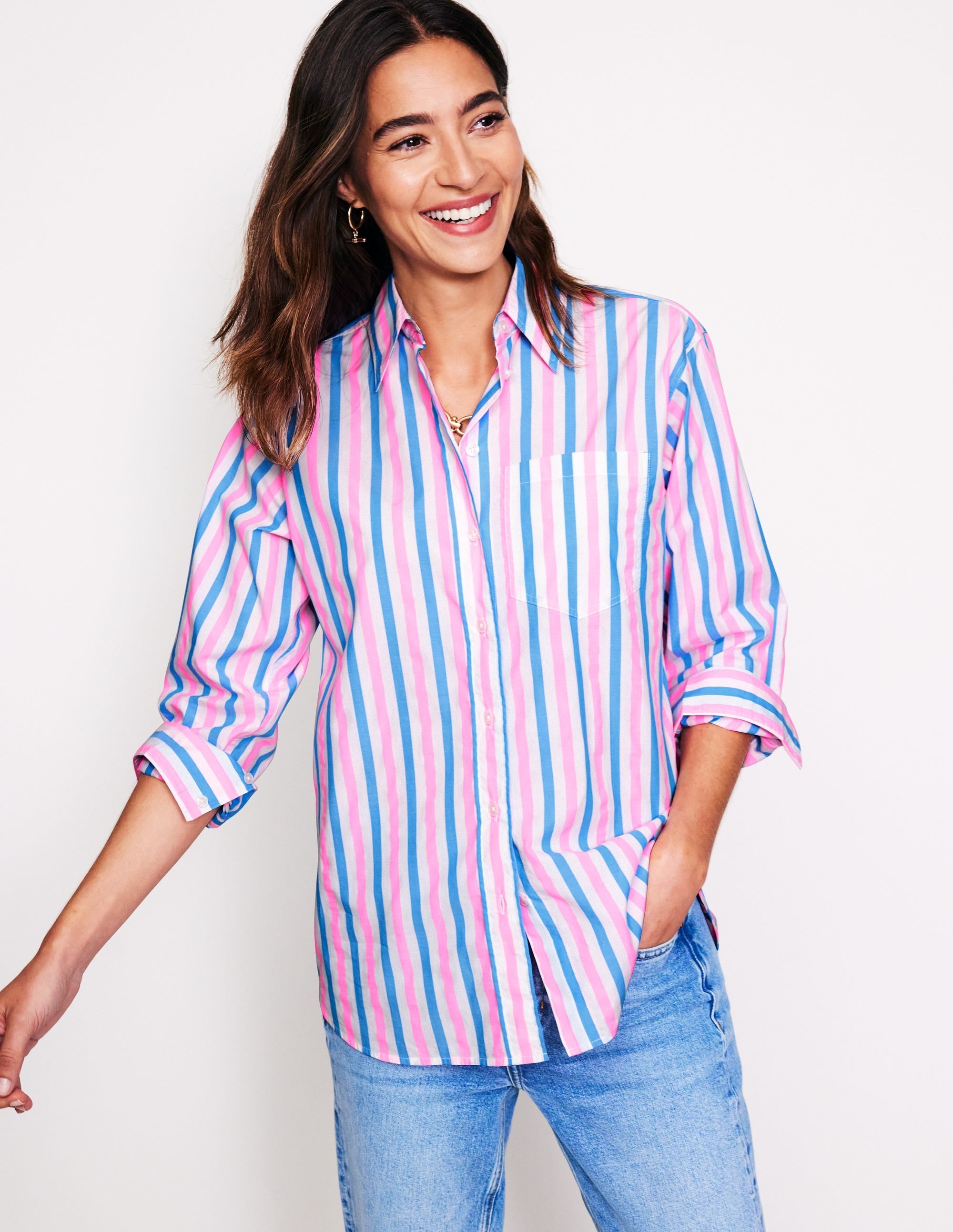 Connie Relaxed Cotton Shirt-Blue and Neon Pink Shirting - Image 1