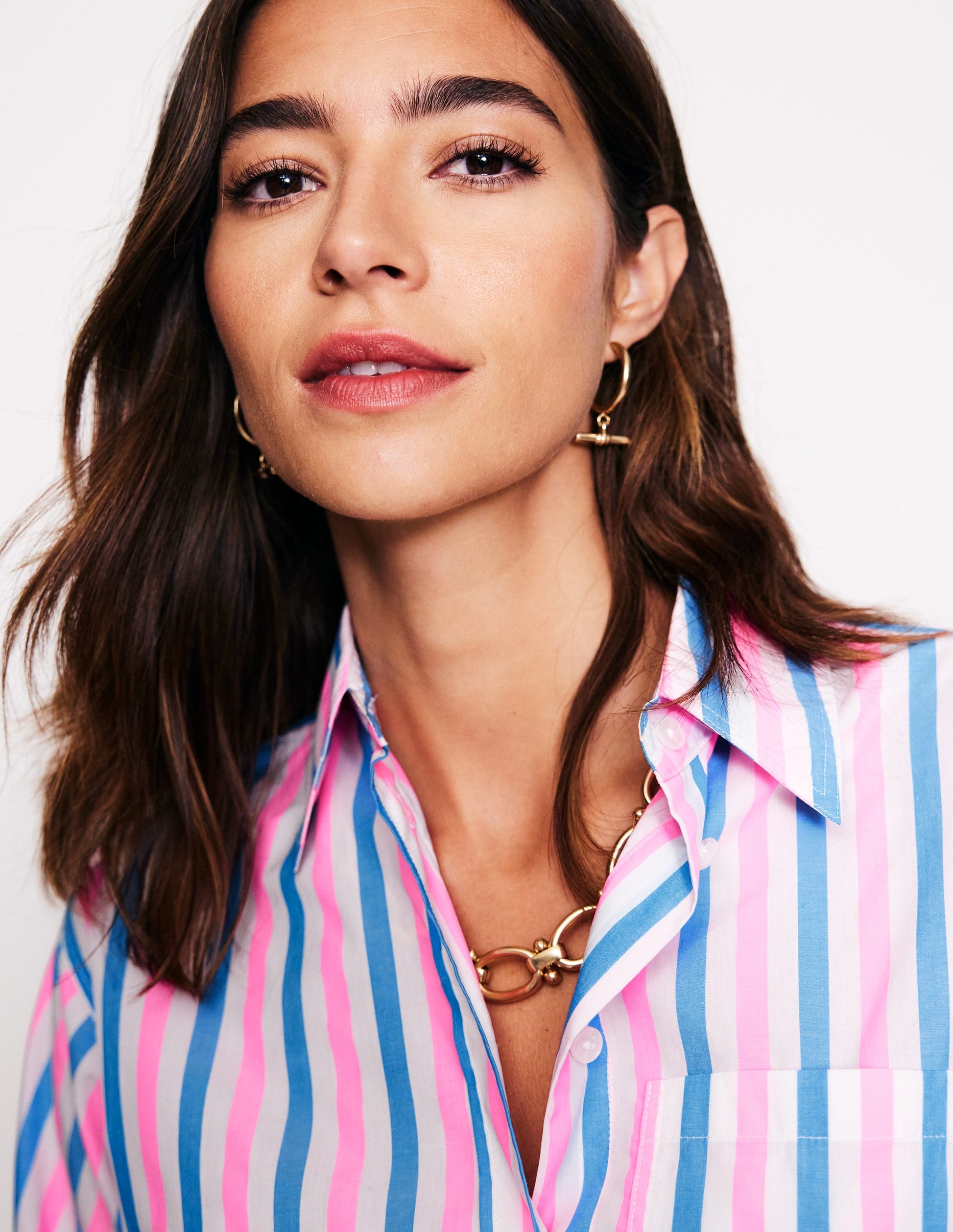 Connie Relaxed Cotton Shirt-Blue and Neon Pink Shirting-2