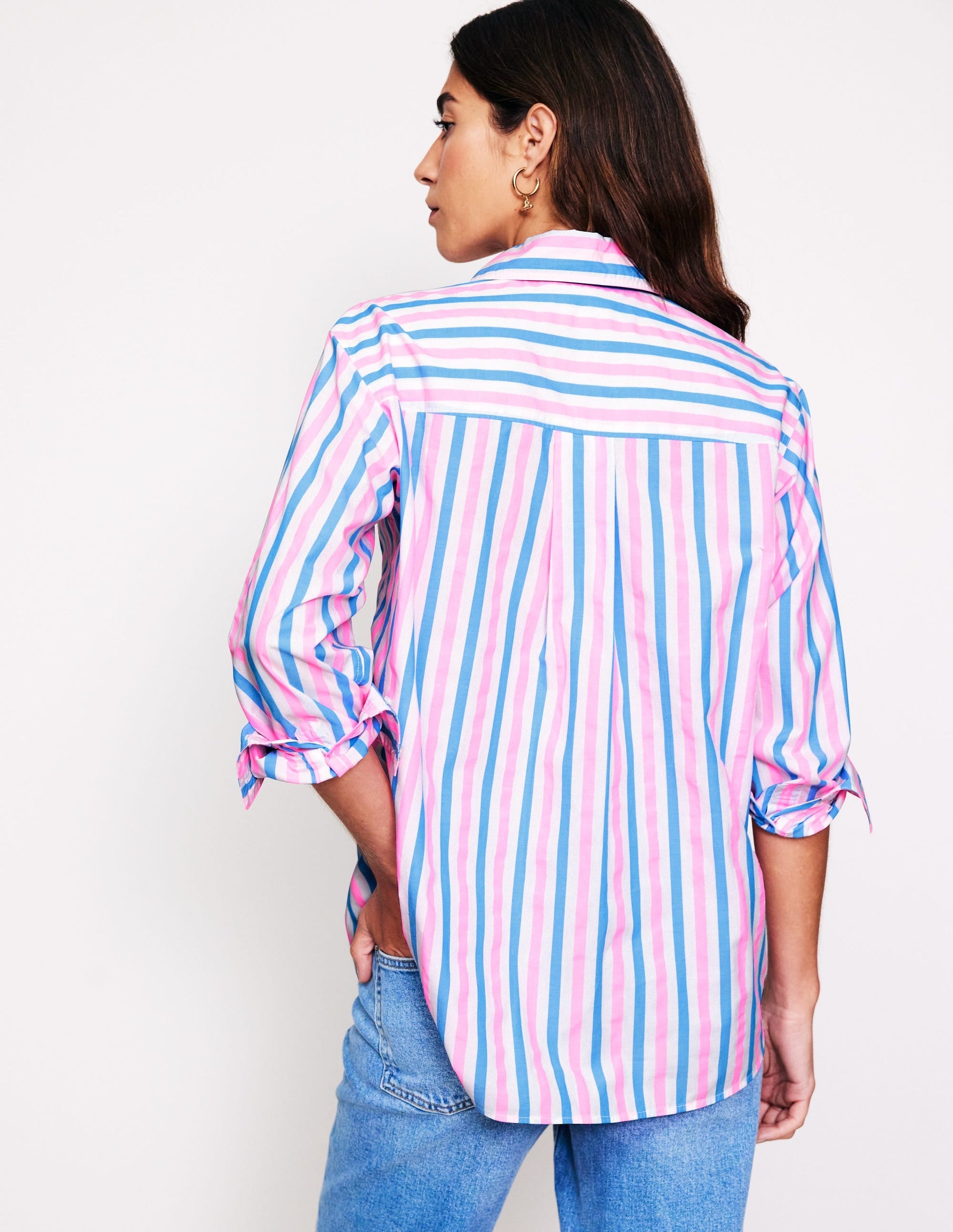 Connie Relaxed Cotton Shirt-Blue and Neon Pink Shirting-3