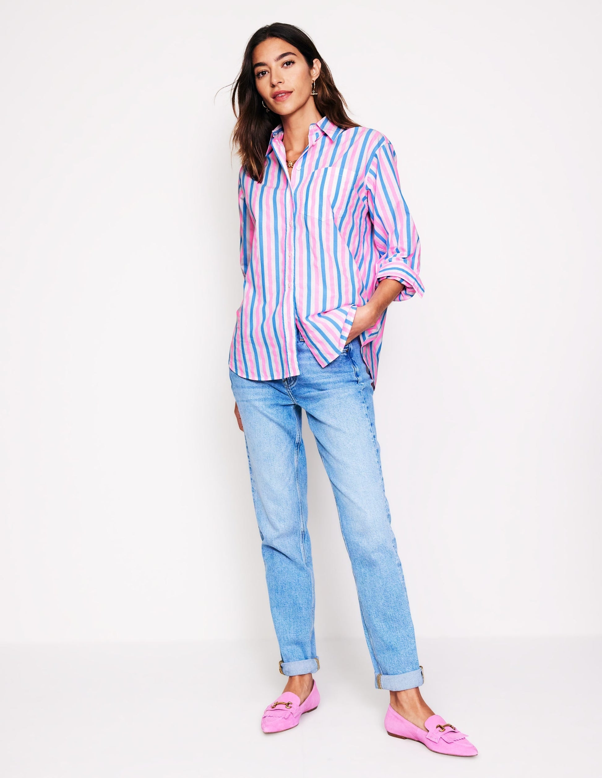 Connie Relaxed Cotton Shirt-Blue and Neon Pink Shirting-4