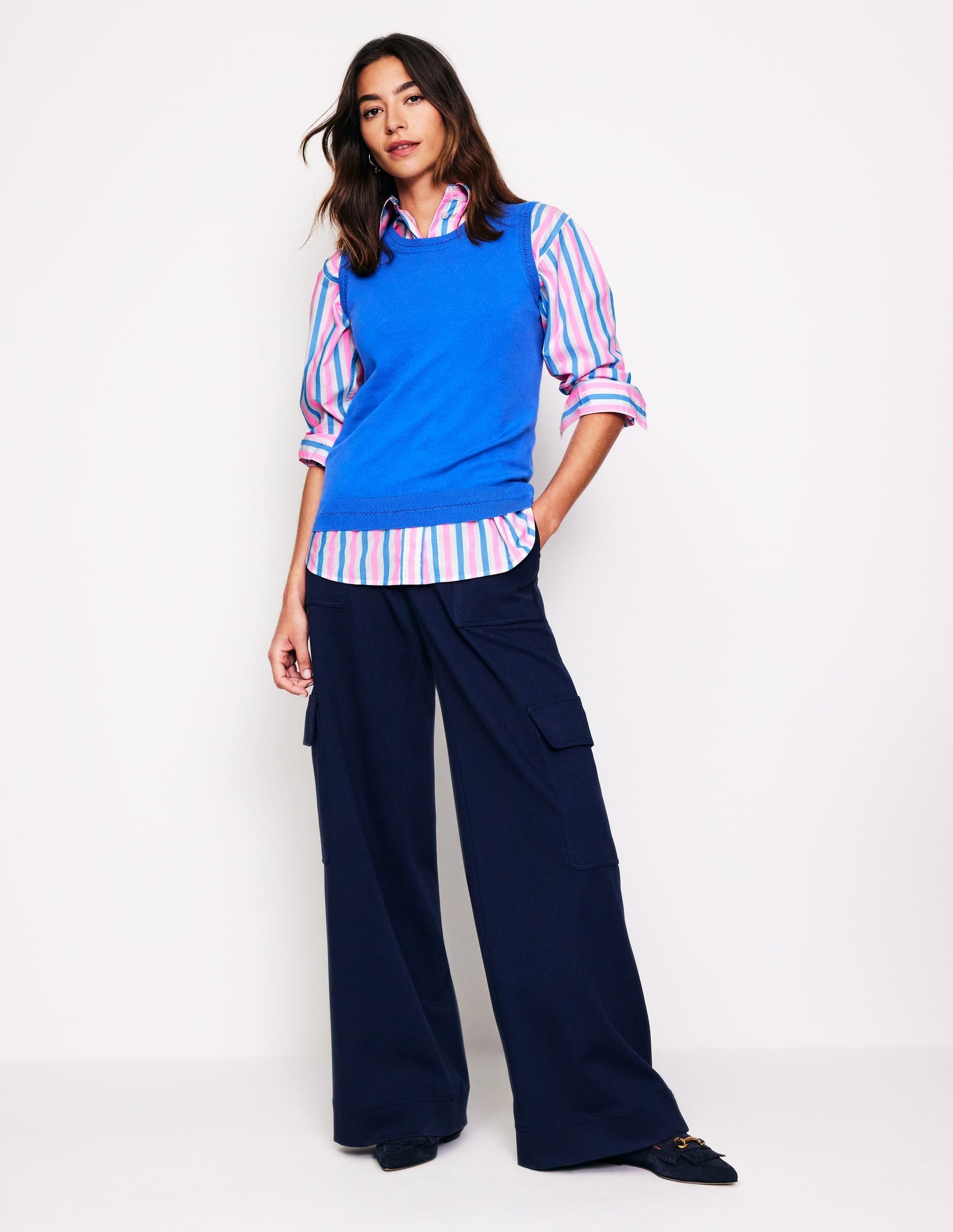 Connie Relaxed Cotton Shirt-Blue and Neon Pink Shirting-5
