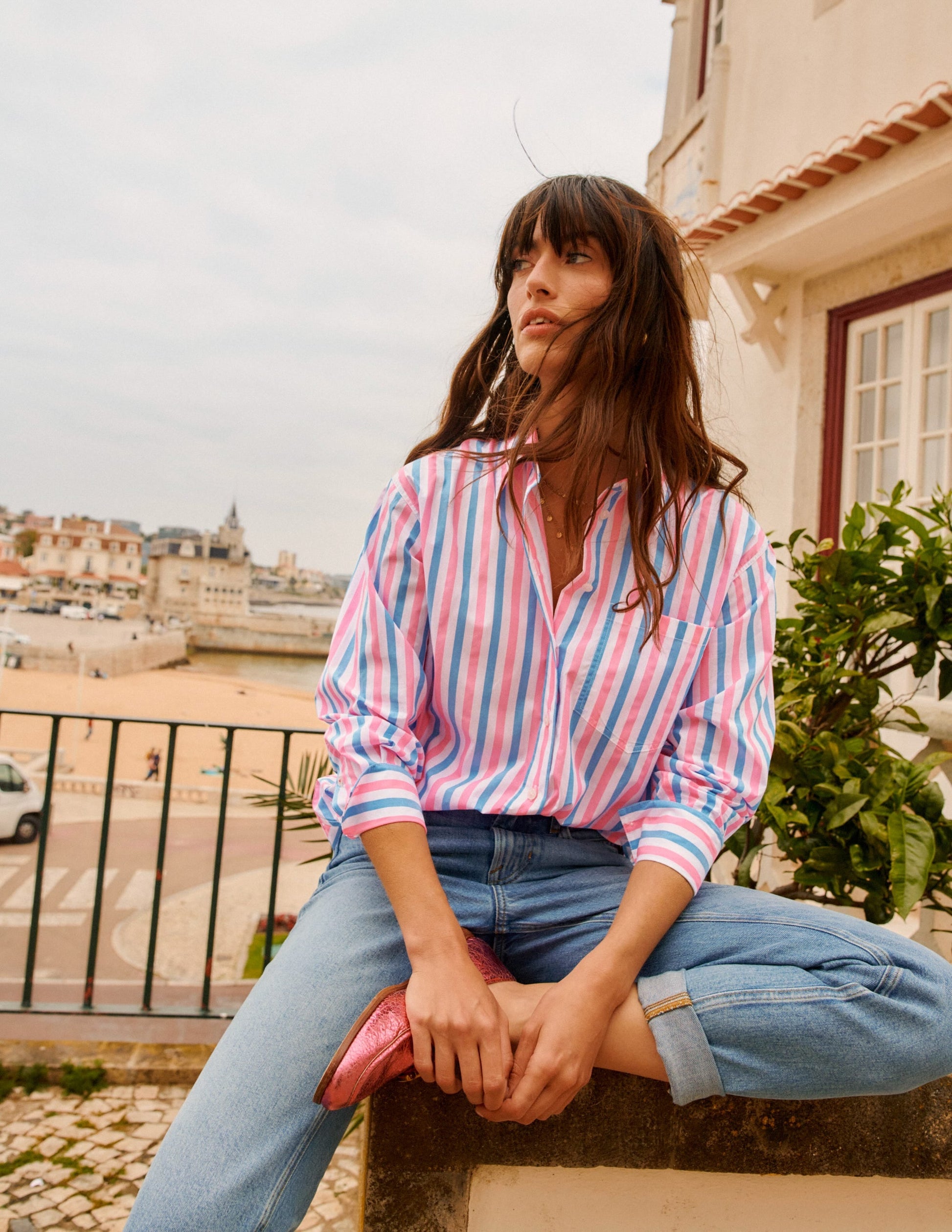 Connie Relaxed Cotton Shirt-Blue and Neon Pink Shirting-6