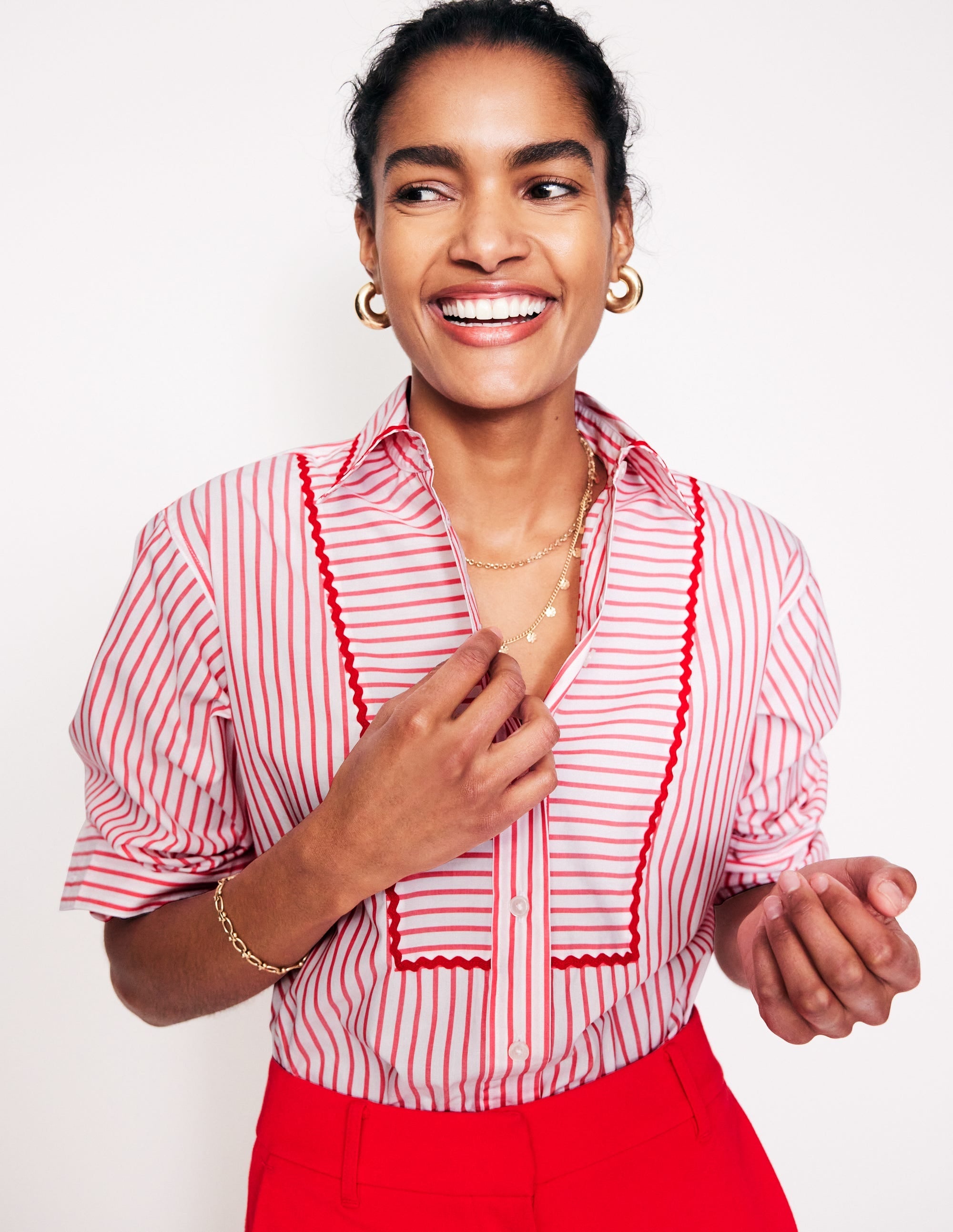 Connie Relaxed Cotton Shirt-Red, Ivory Stripe - Image 1