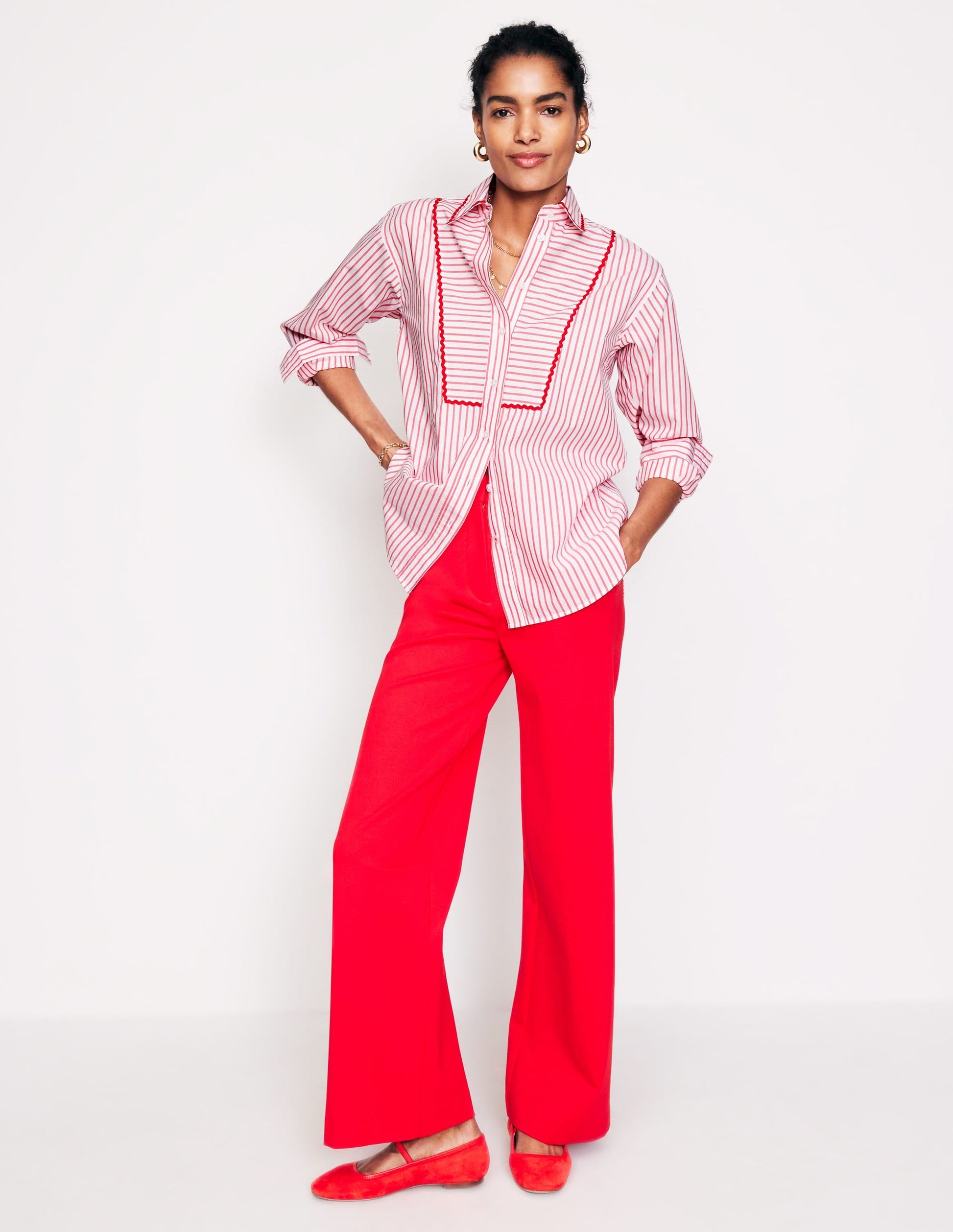 Connie Relaxed Cotton Shirt-Red, Ivory Stripe-4