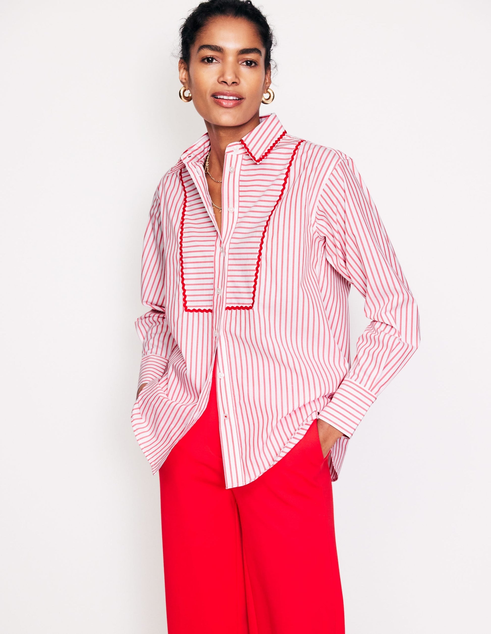 Connie Relaxed Cotton Shirt-Red, Ivory Stripe-5