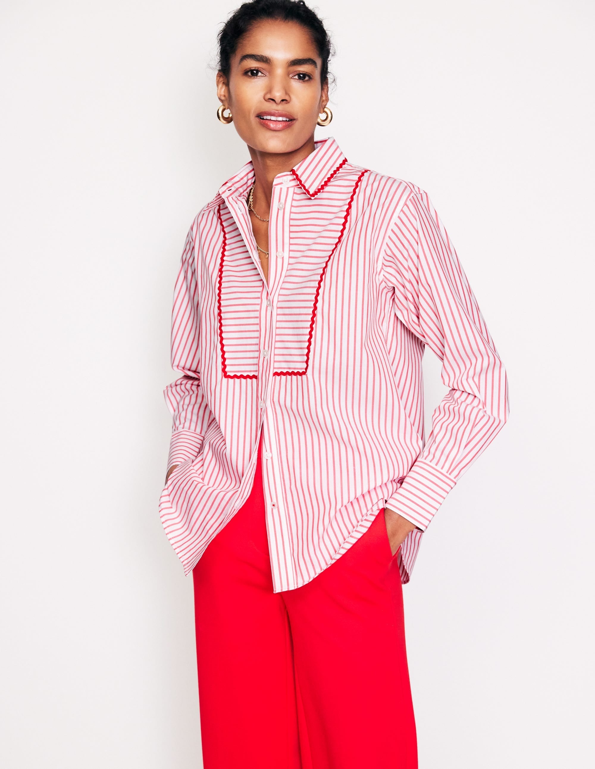 Connie Relaxed Cotton Shirt-Red, Ivory Stripe - Image 5