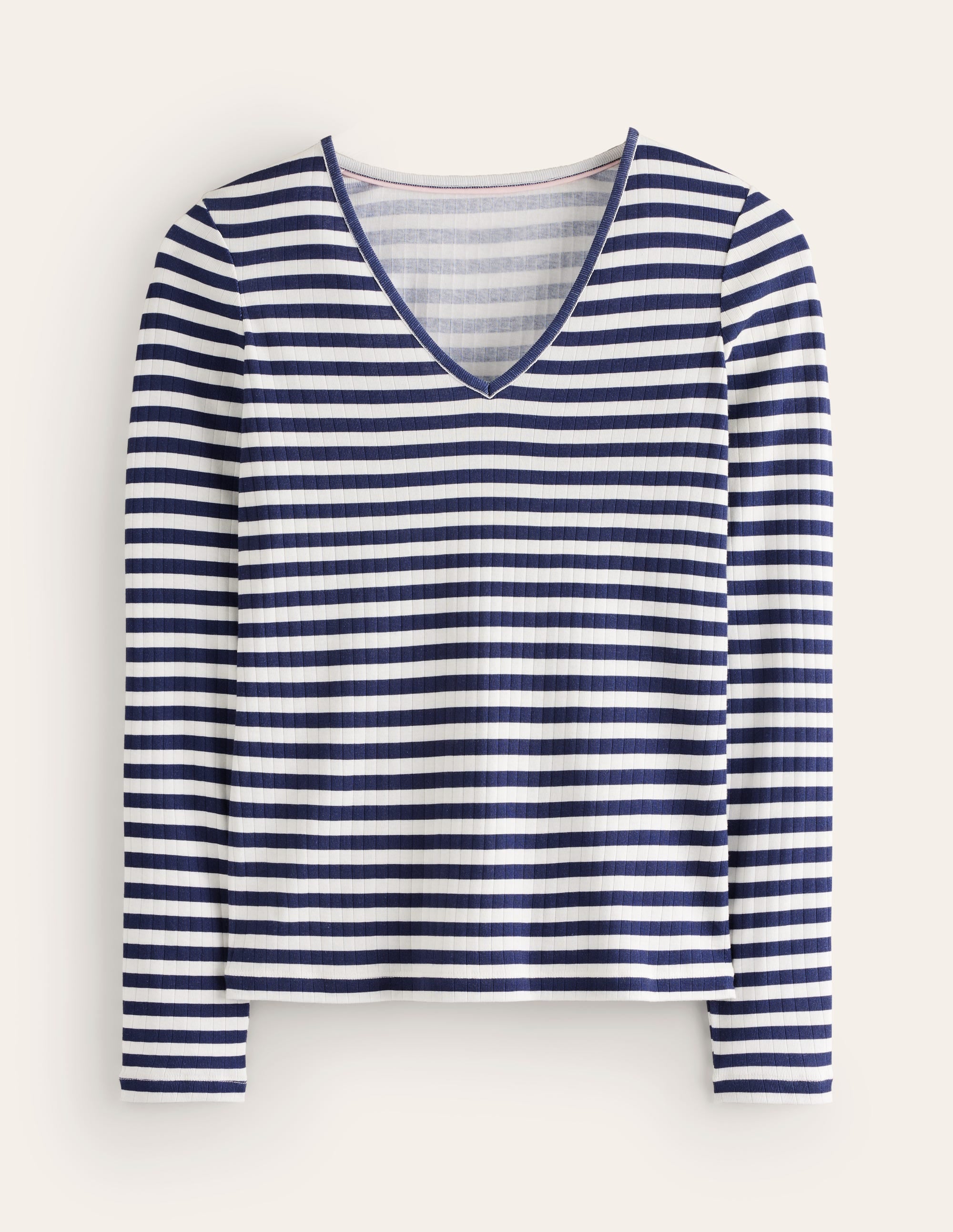 Anna Rib V-Neck T-Shirt-Ivory, Navy Stripe - Image 5