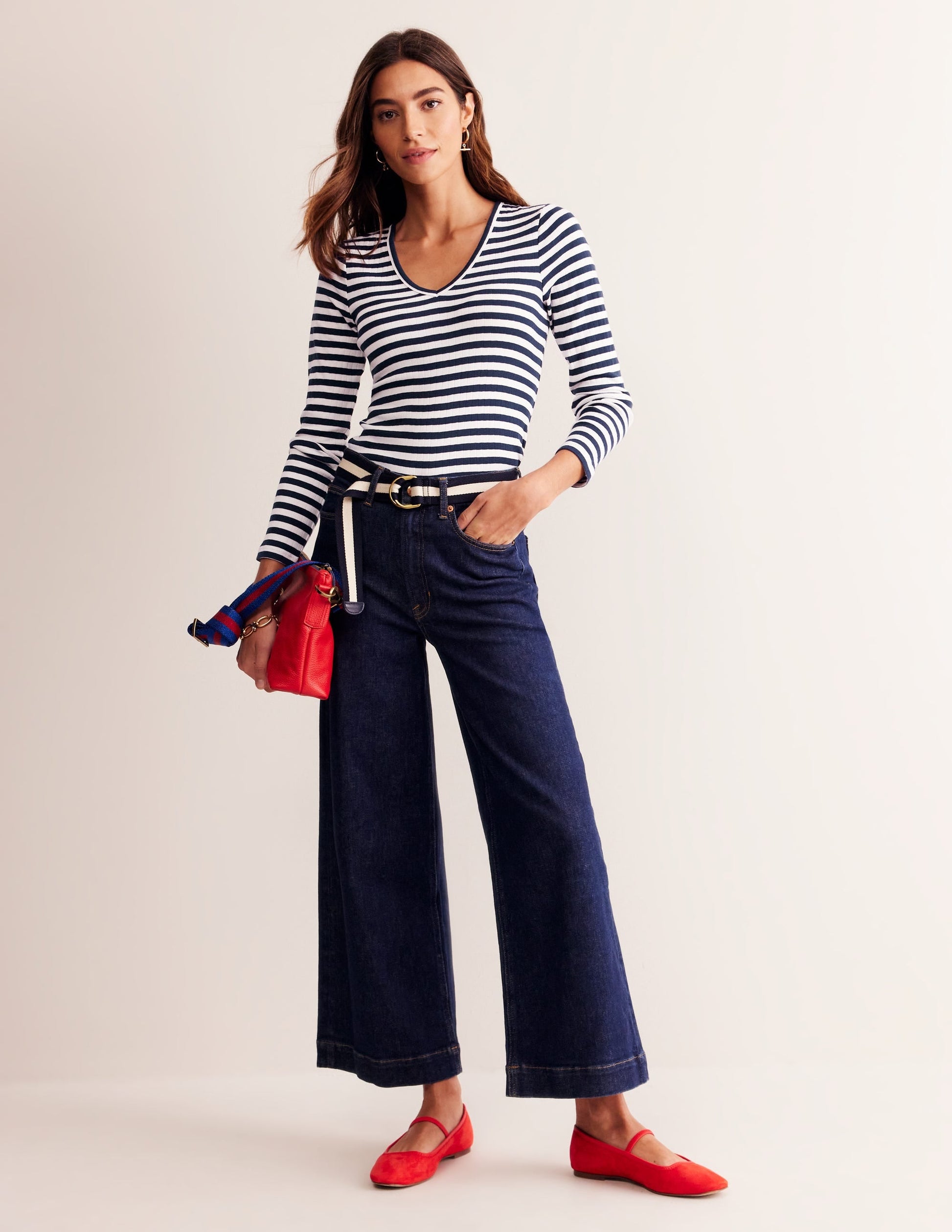 Anna Rib V-Neck T-Shirt-Ivory, Navy Stripe-4
