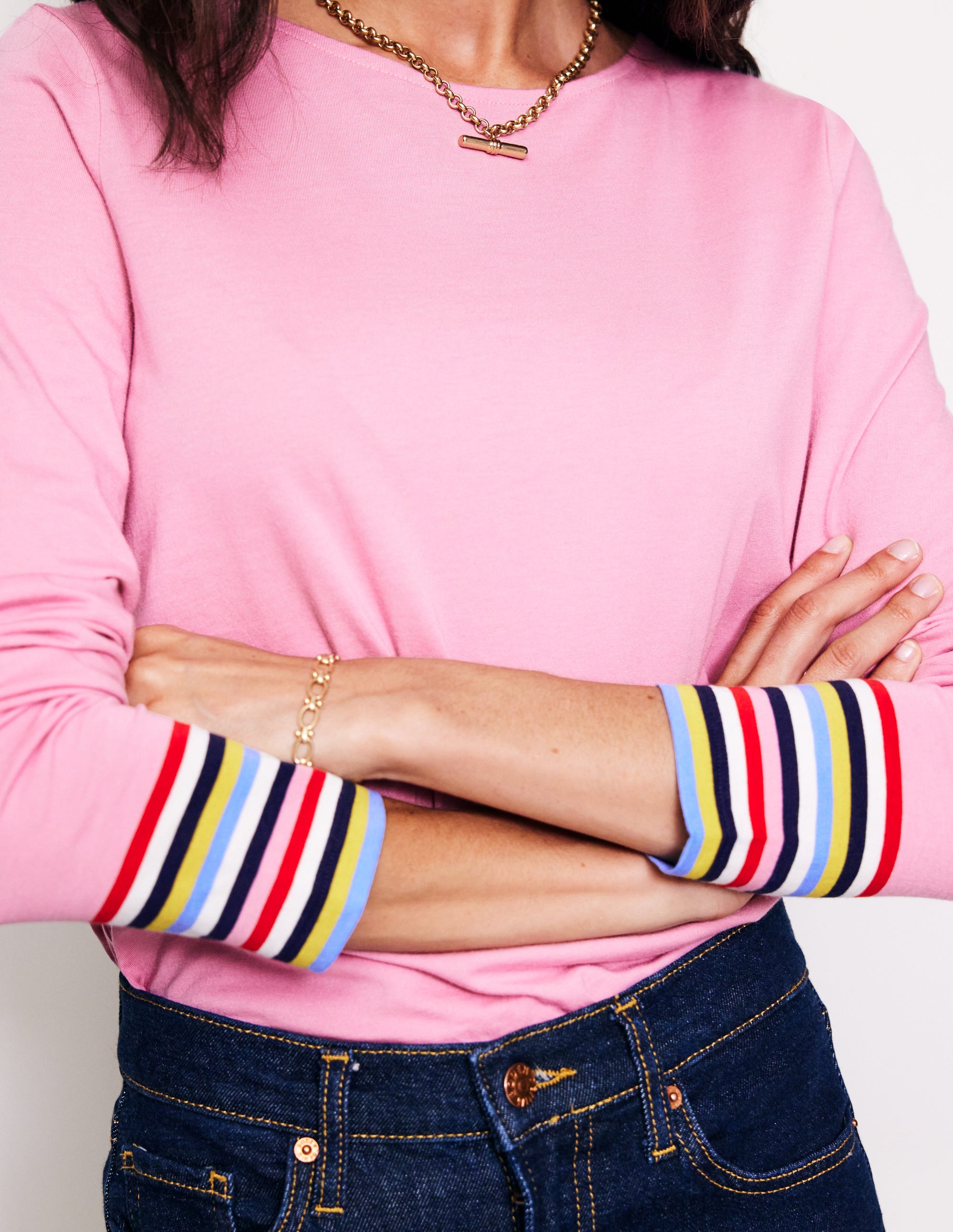 Supersoft Crew Neck Top-Orchid Pink Multi Cuff Stripe - Image 2