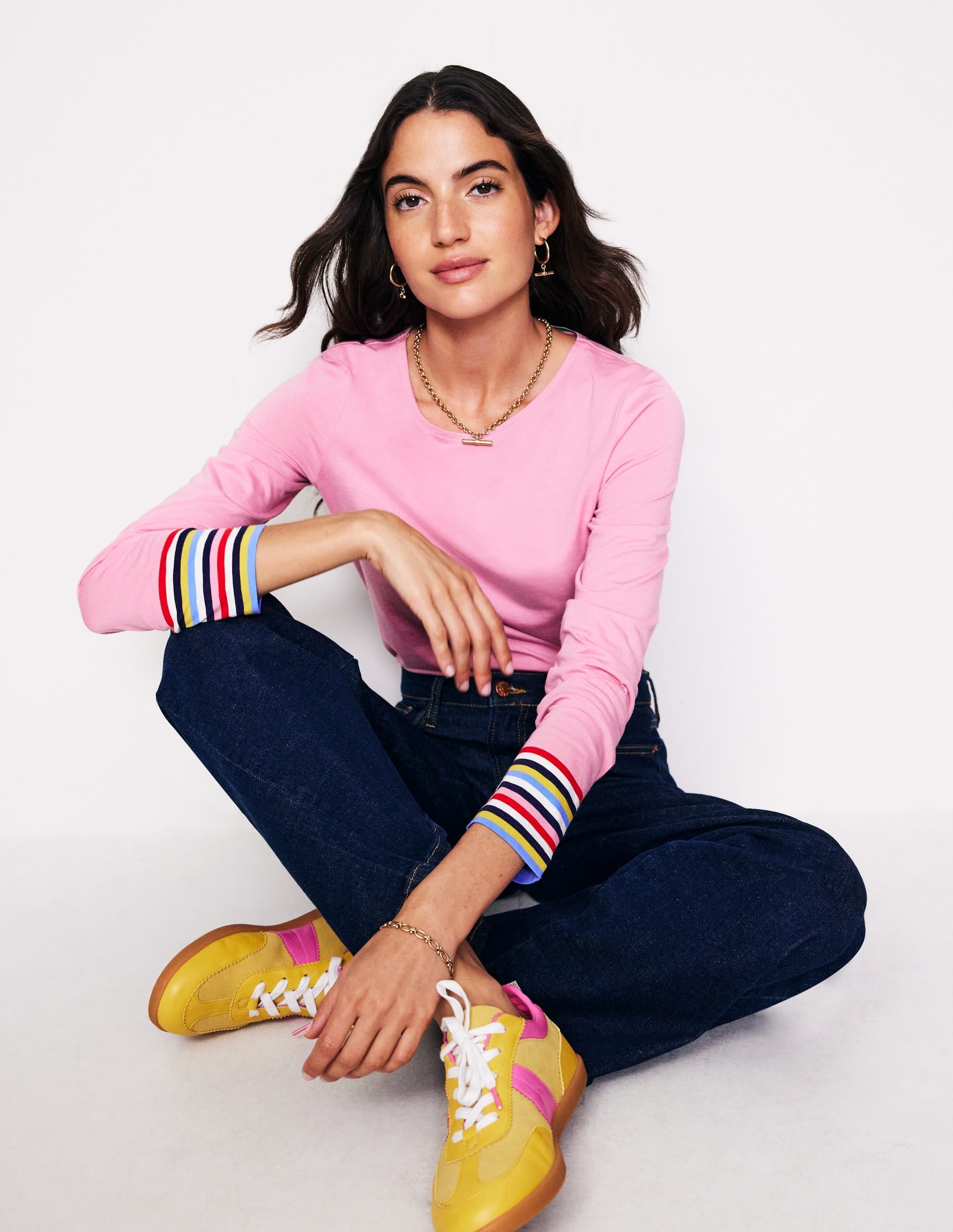Supersoft Crew Neck Top-Orchid Pink Multi Cuff Stripe - Image 4