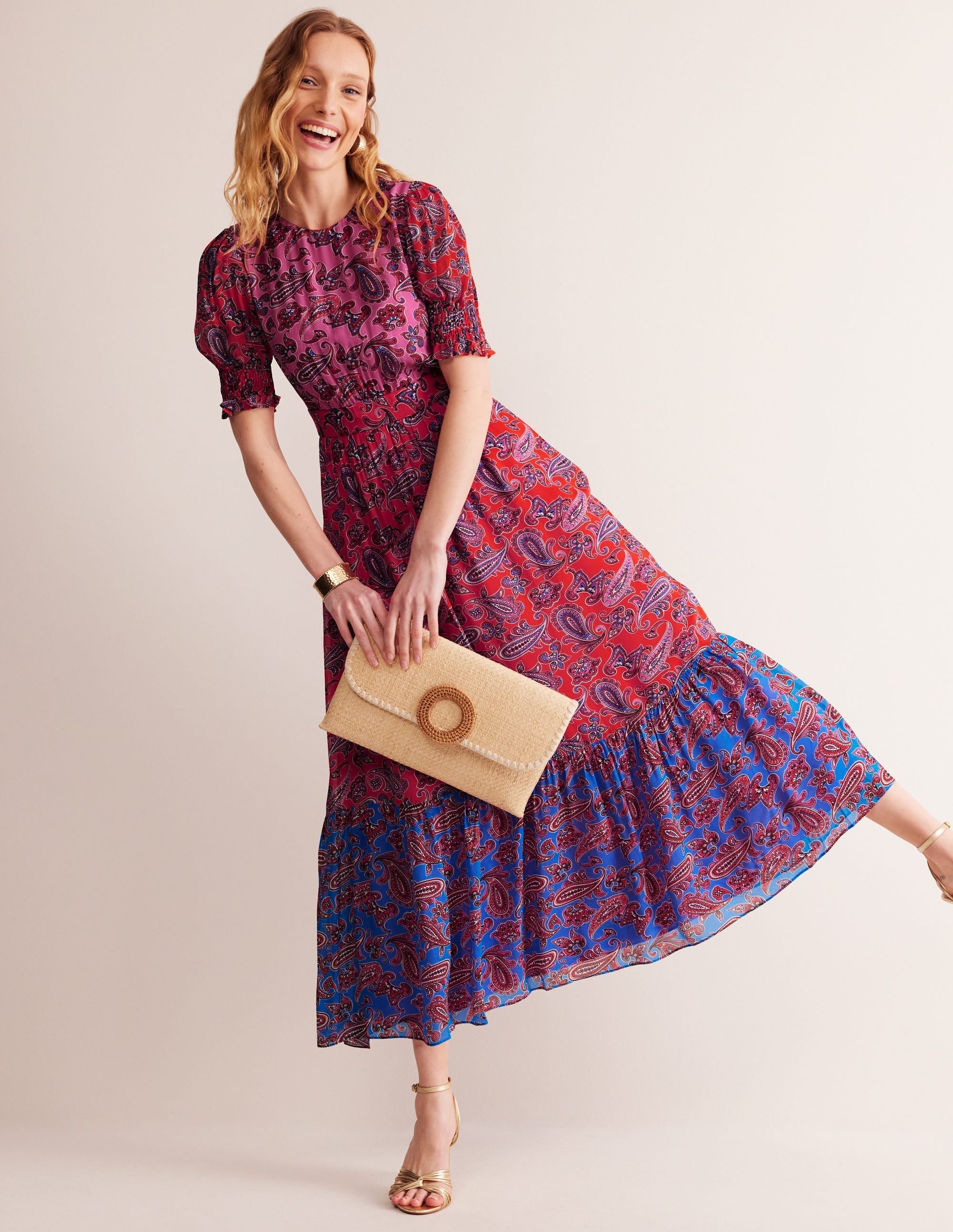 Smocked Cuff Maxi Dress-Sangria Sunset, Paisley Wave - Image 1