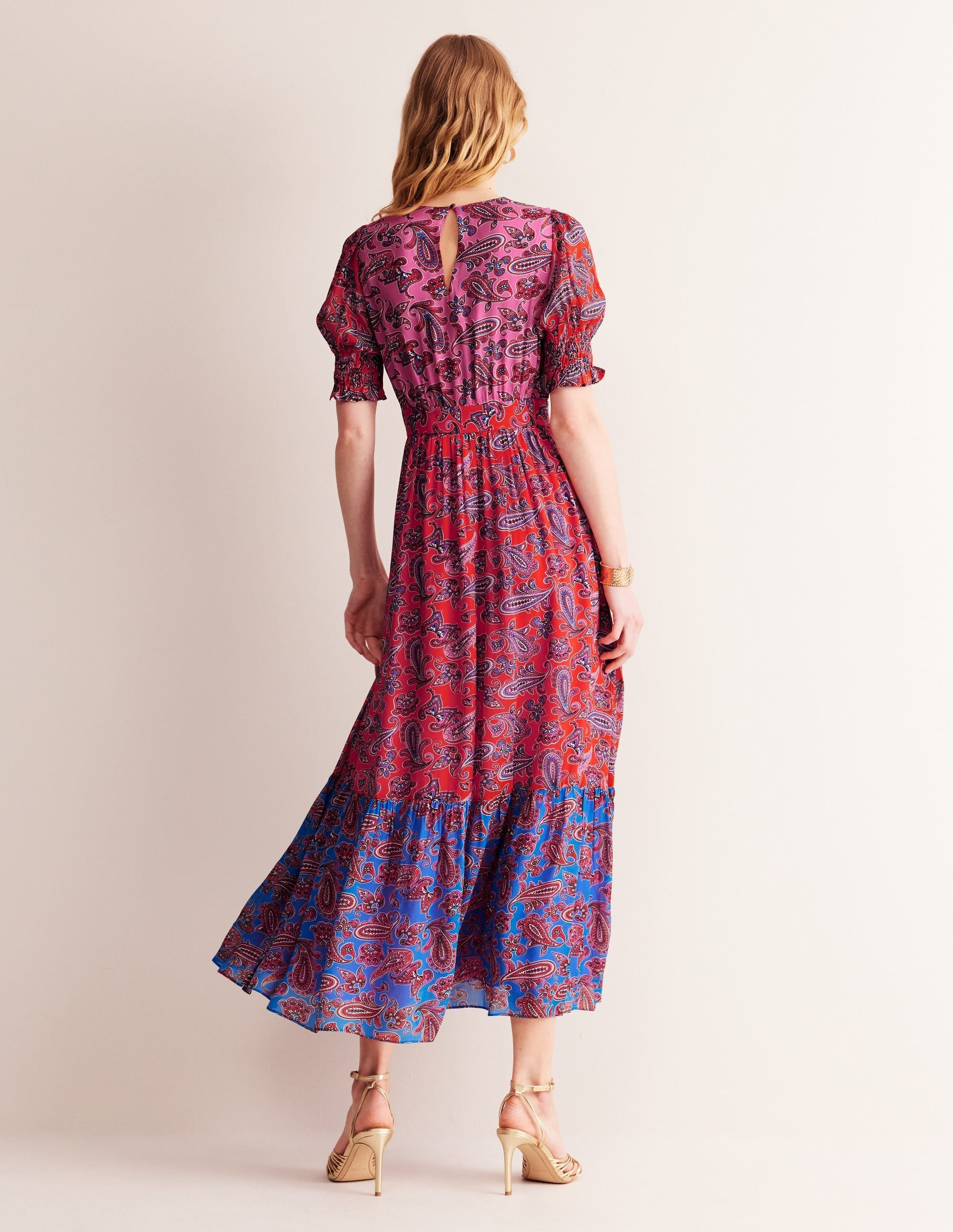 Smocked Cuff Maxi Dress-Sangria Sunset, Paisley Wave - Image 3