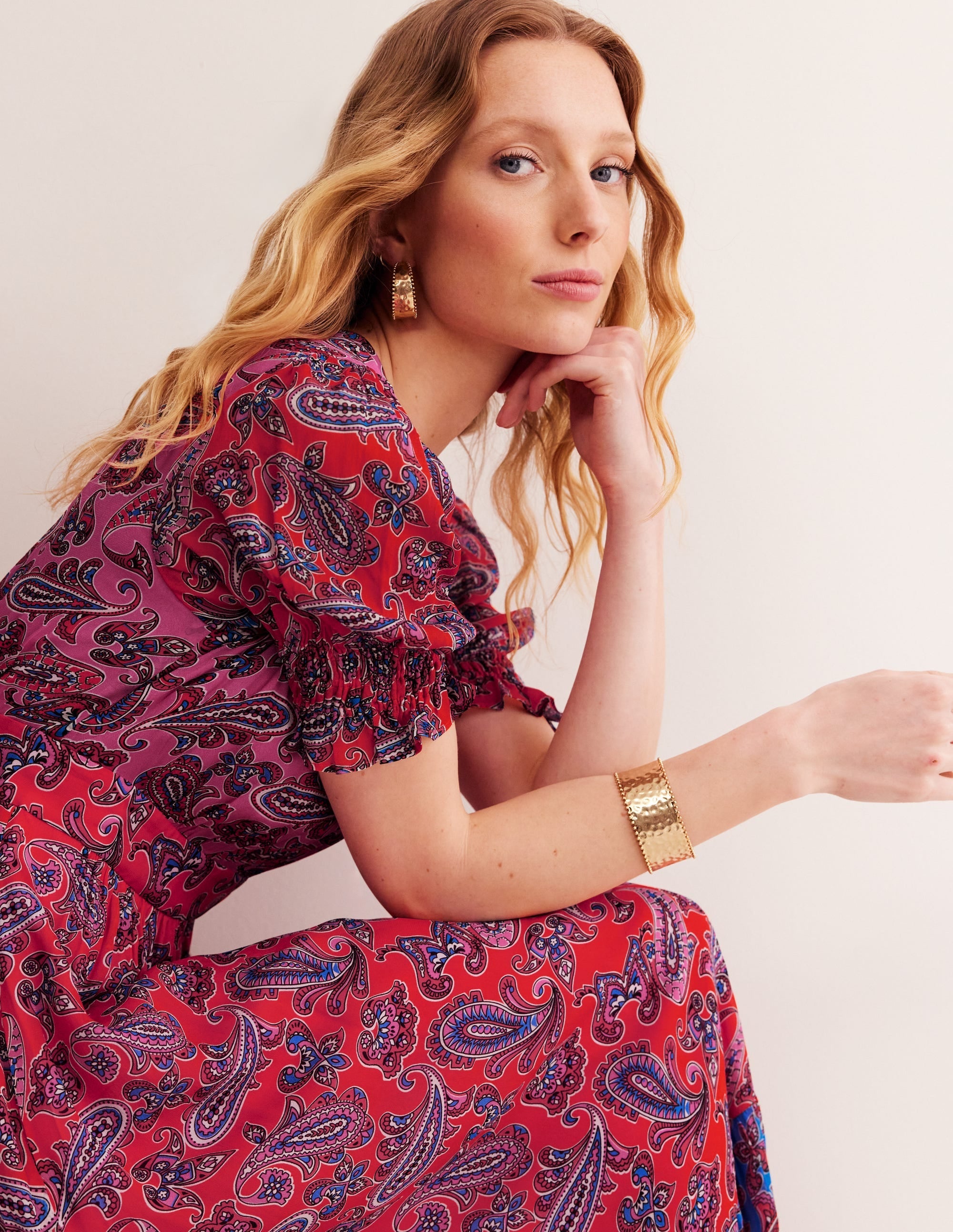 Smocked Cuff Maxi Dress-Sangria Sunset, Paisley Wave - Image 4