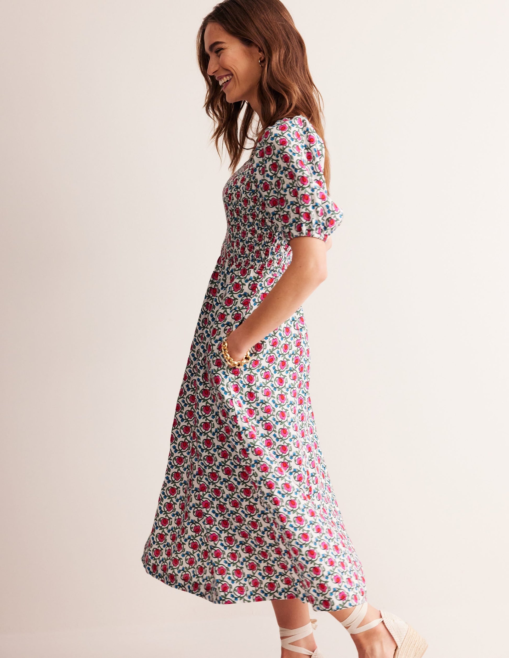 Sky Smocked Linen Midi Dress-Pop Pansy, Foliage Terrace-4