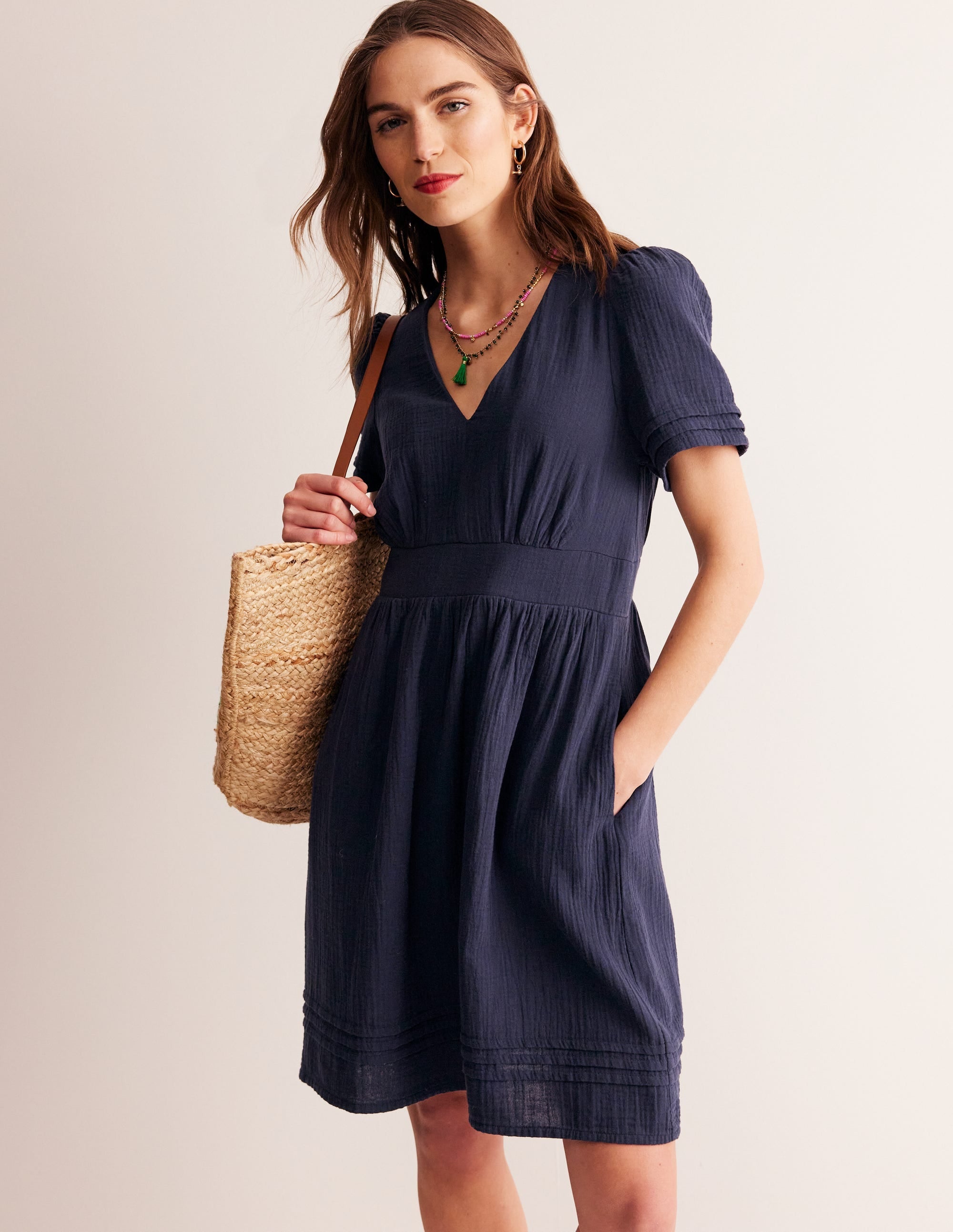 Eve Double Cloth Short Dress-Navy - Image 1