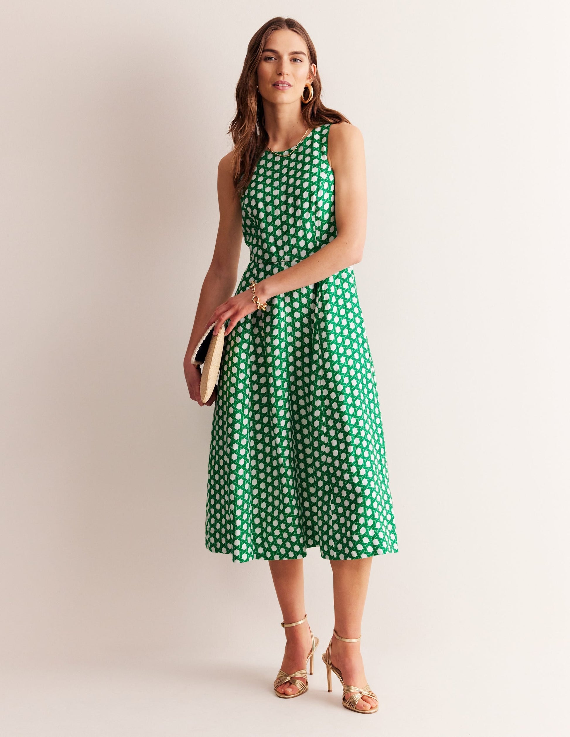 Carla Linen Midi Dress-Green Tambourine, Geo-2