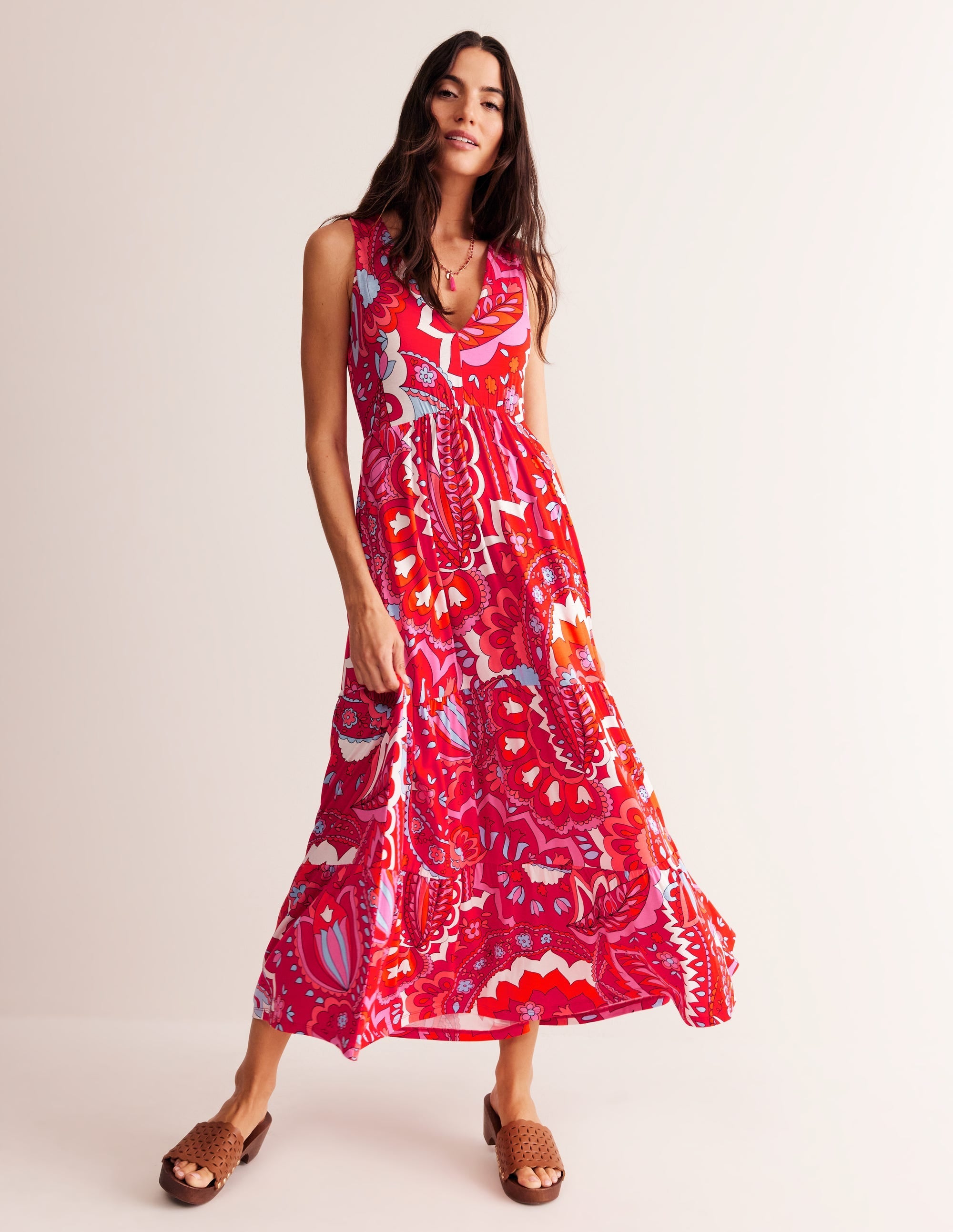 Sylvia Jersey Maxi Tier Dress-Flame Scarlet, Foliage Paisley - Image 1