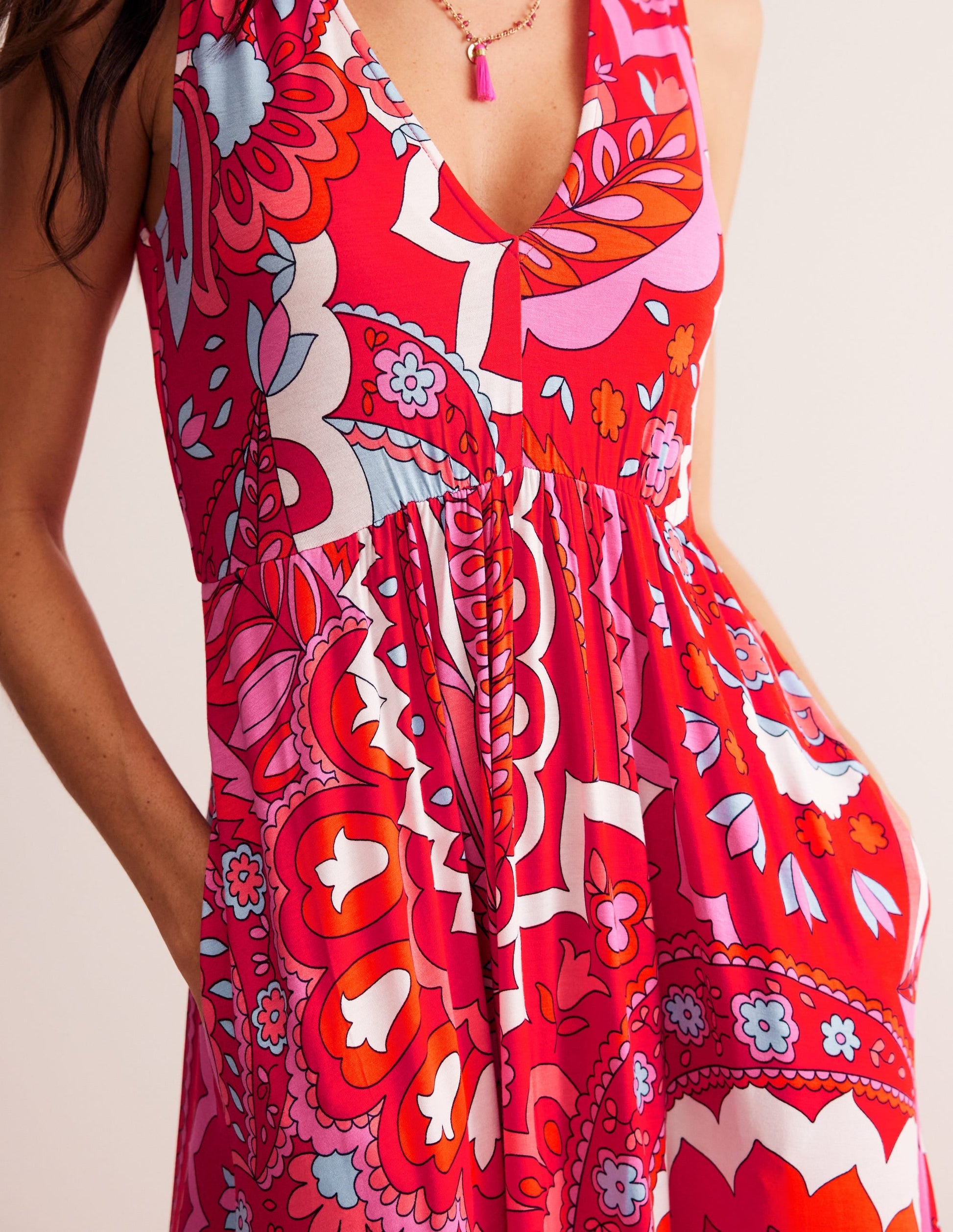 Sylvia Jersey Maxi Tier Dress-Flame Scarlet, Foliage Paisley-2