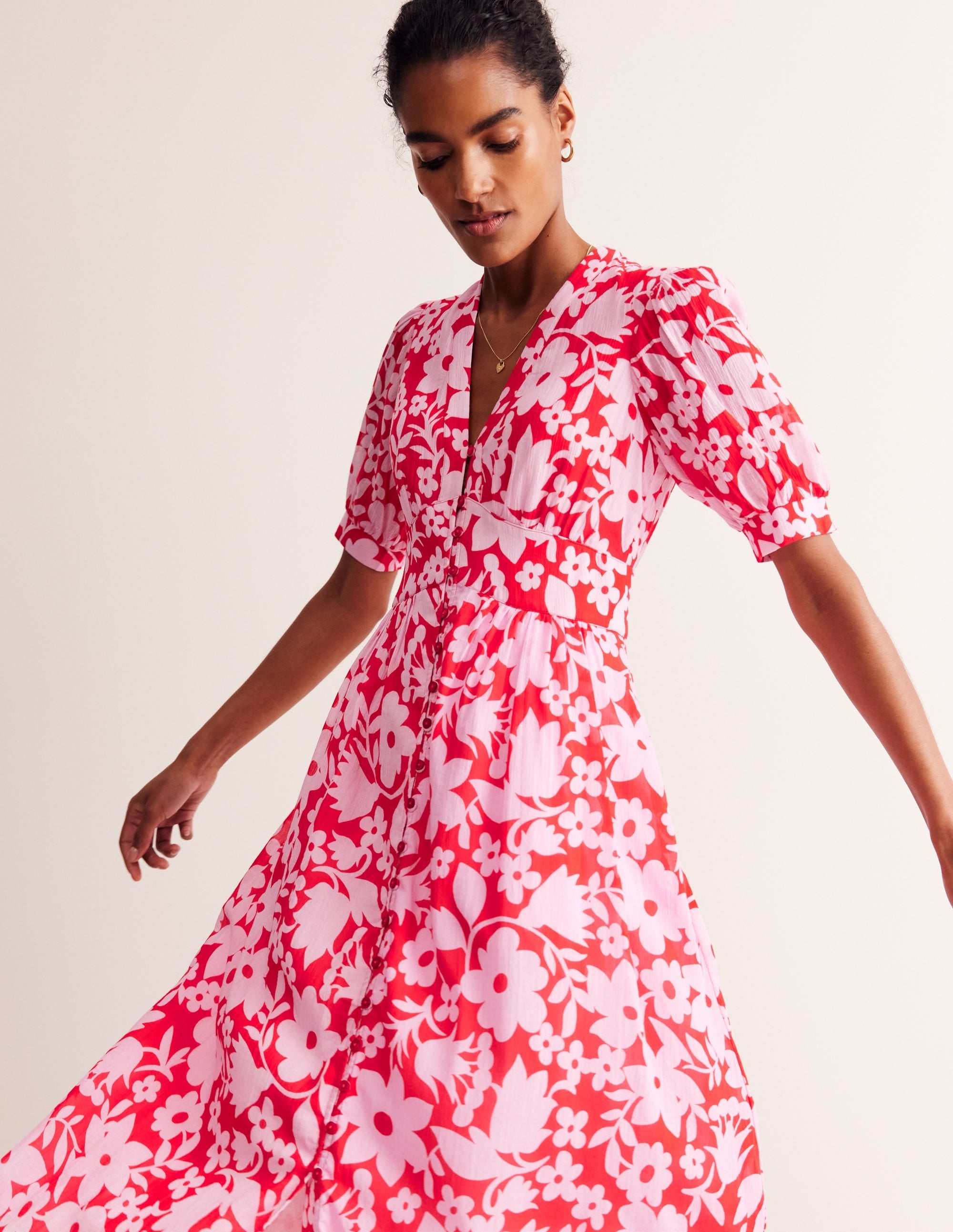 Elsa Crinkle Midi Tea Dress-Flame Scarlet, Tulip Garden - Image 1