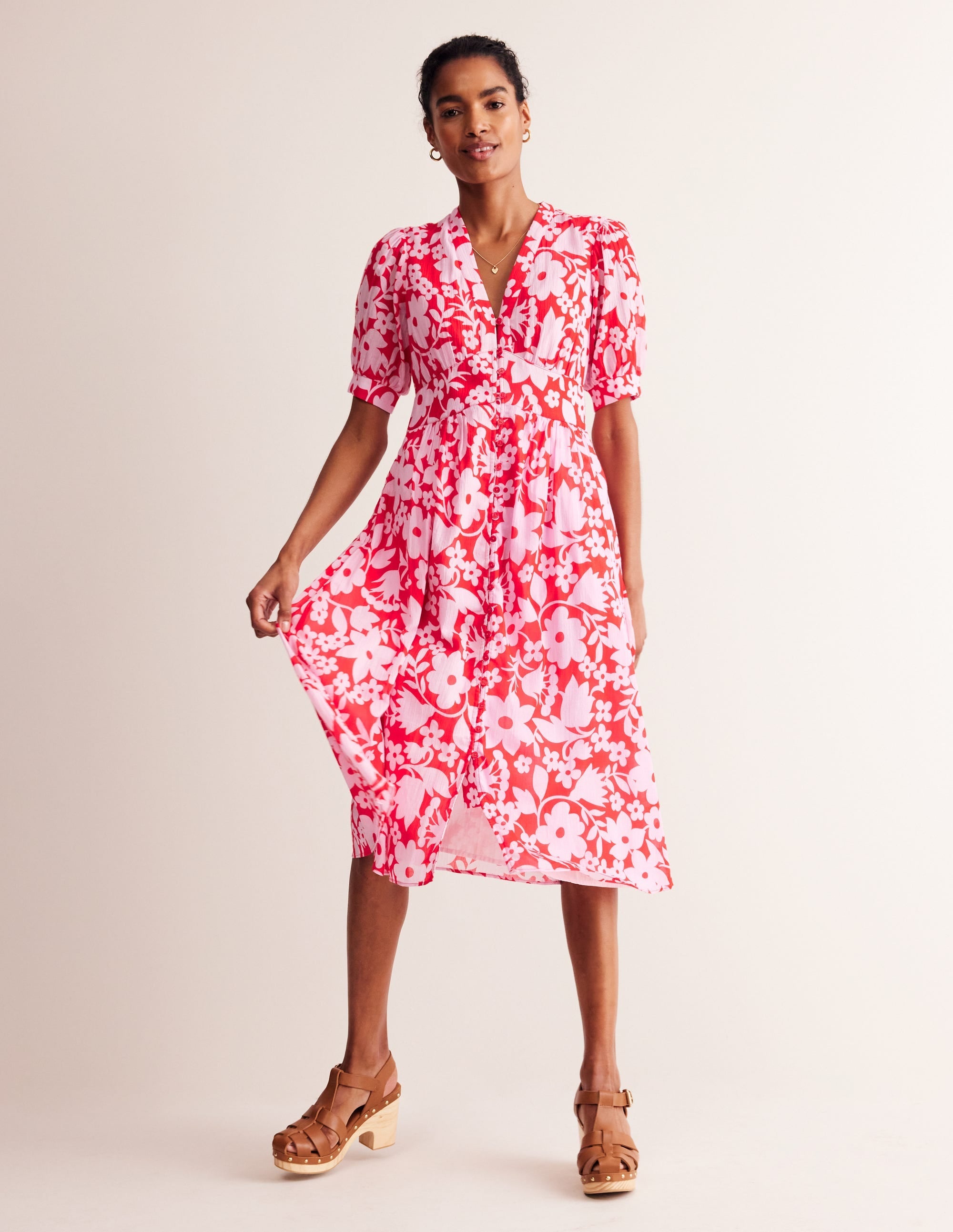 Elsa Crinkle Midi Tea Dress-Flame Scarlet, Tulip Garden - Image 2
