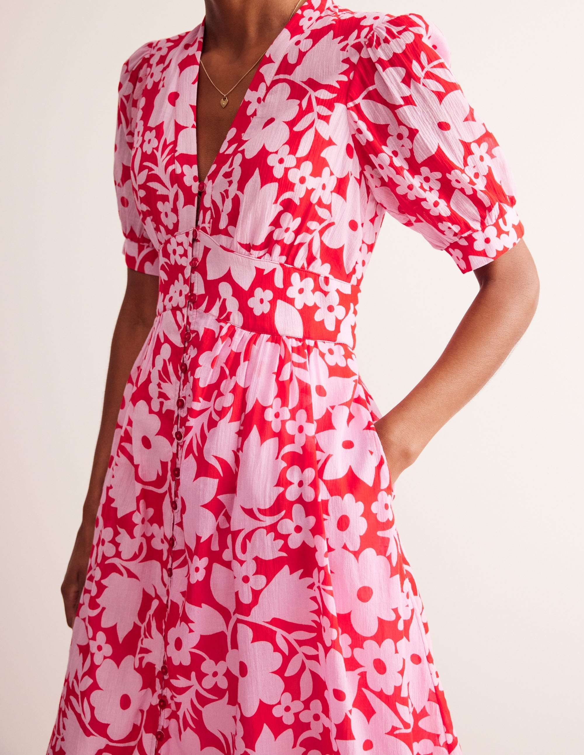 Elsa Crinkle Midi Tea Dress-Flame Scarlet, Tulip Garden - Image 3