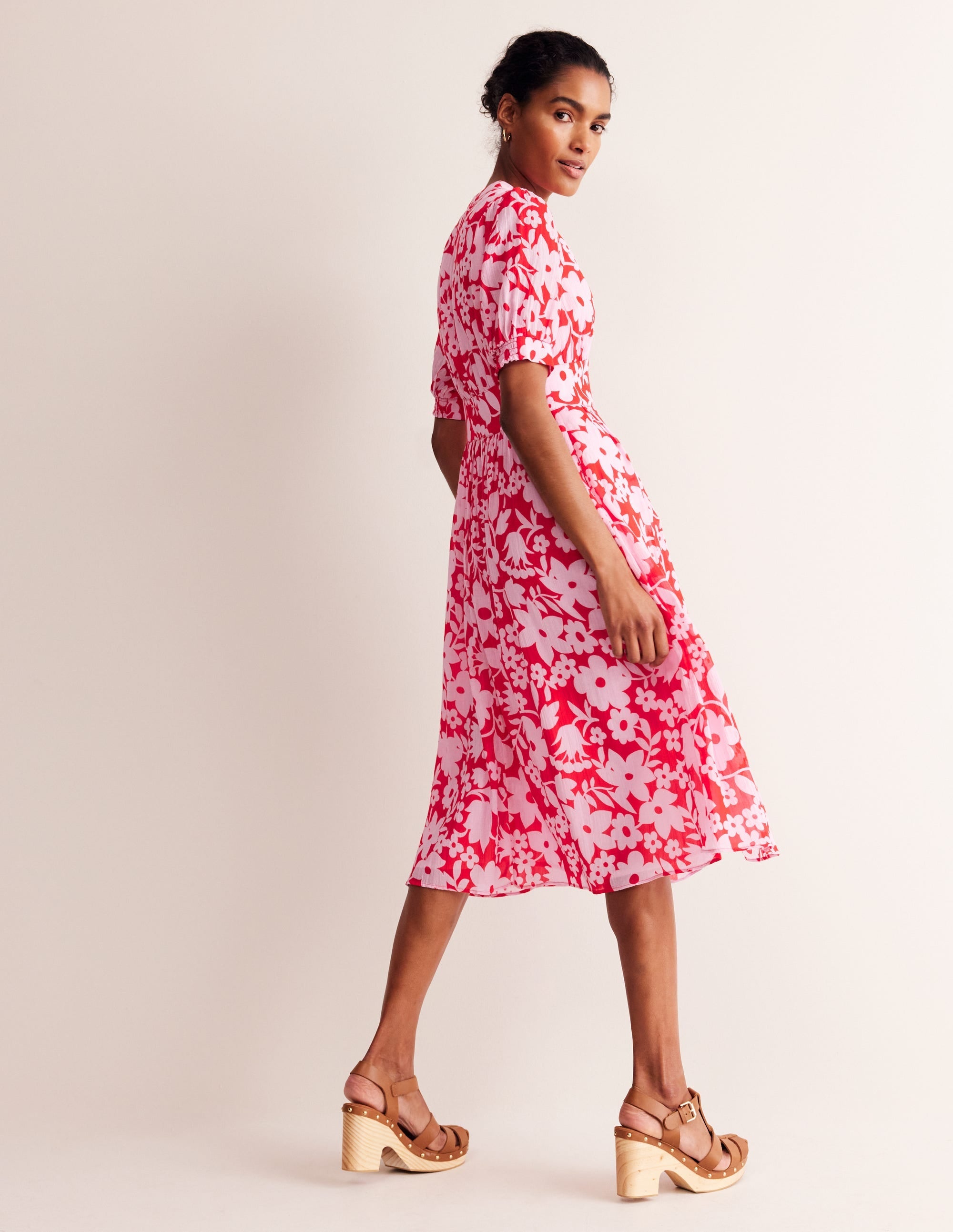 Elsa Crinkle Midi Tea Dress-Flame Scarlet, Tulip Garden - Image 4