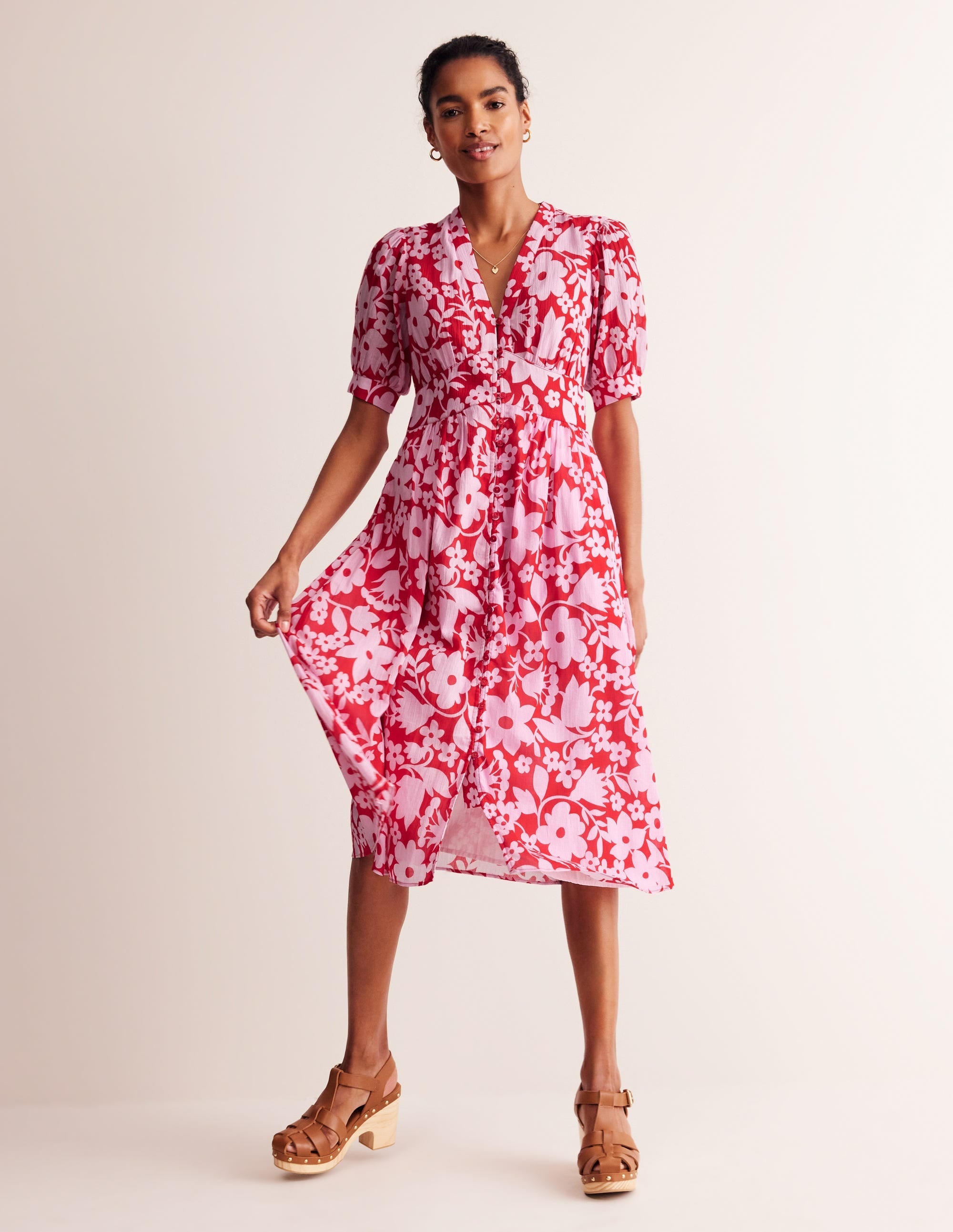 Elsa Crinkle Midi Tea Dress-Flame Scarlet, Tulip Garden - Image 5