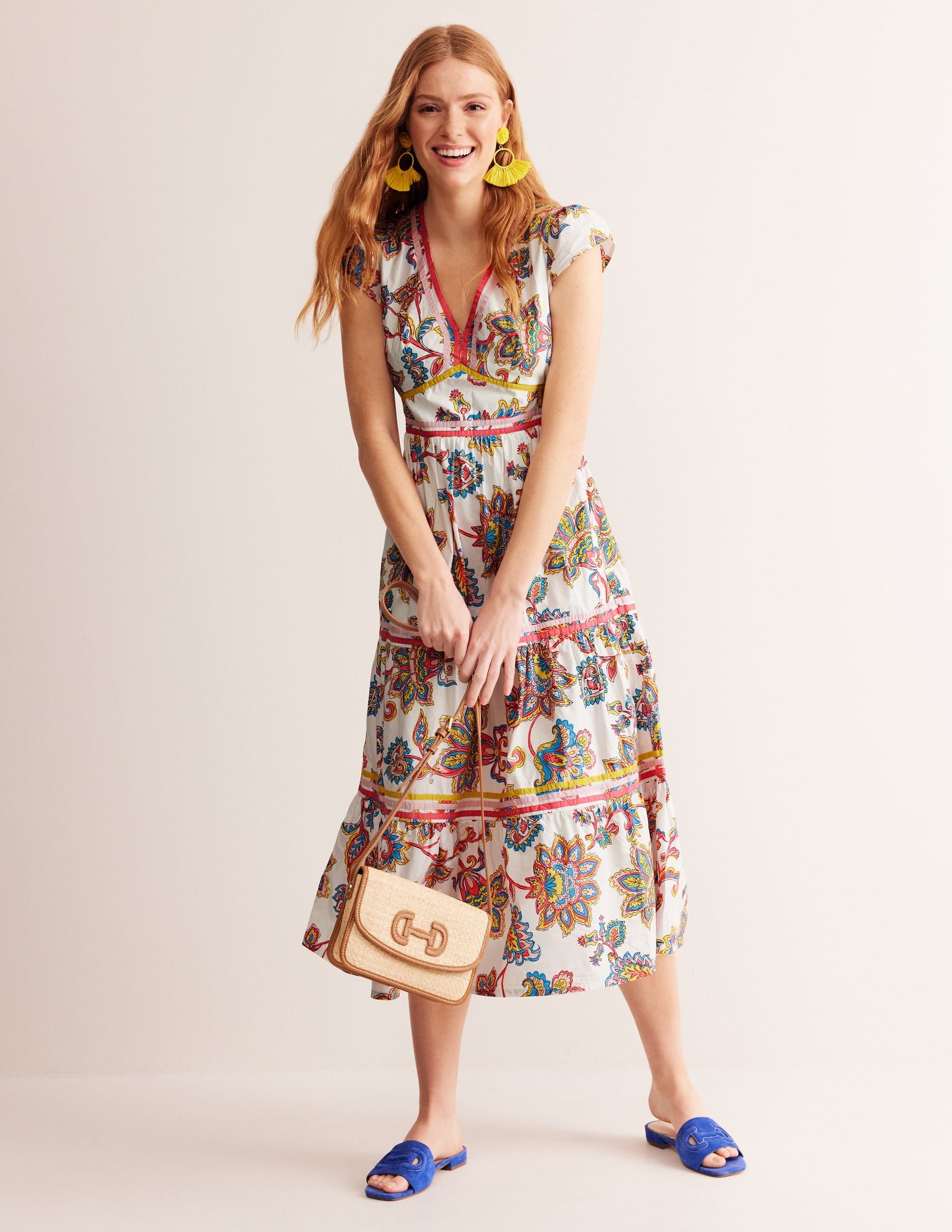May Cotton Midi Tea Dress-Ivory, Dahlia Bloom-4