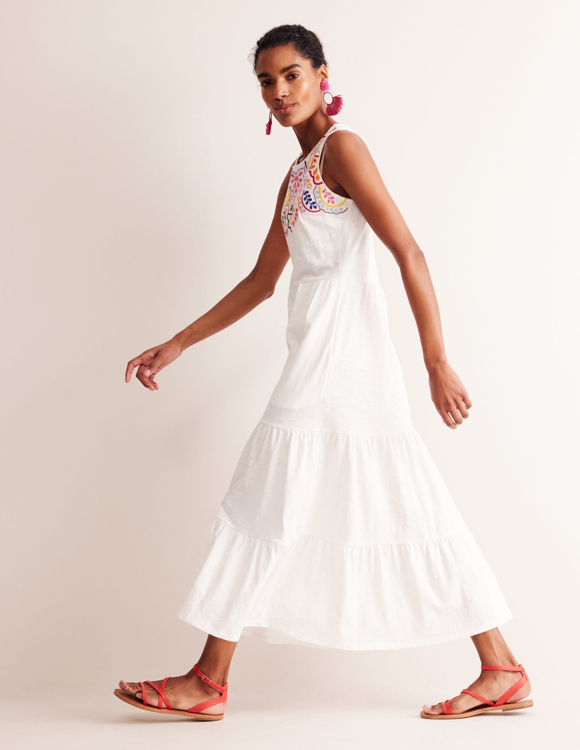 Embroidered Jersey Midi Dress-White - Image 1