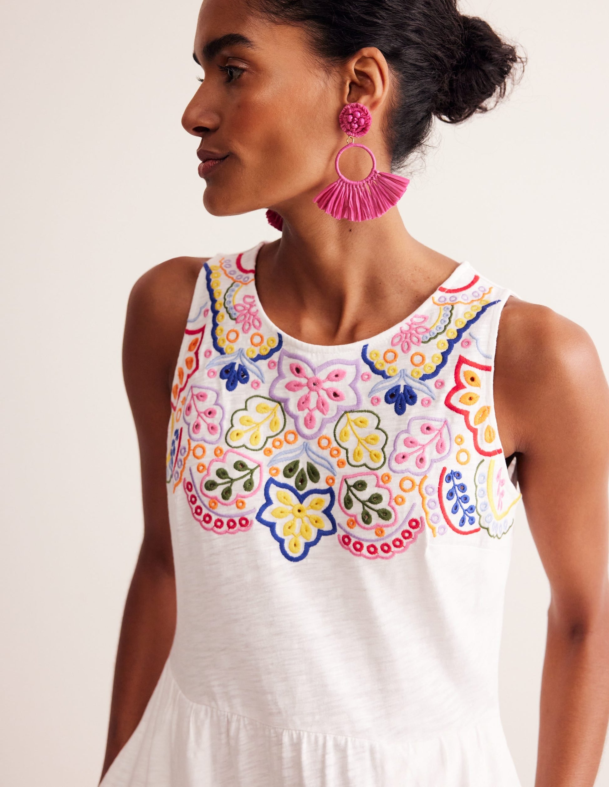 Embroidered Jersey Midi Dress-White-2