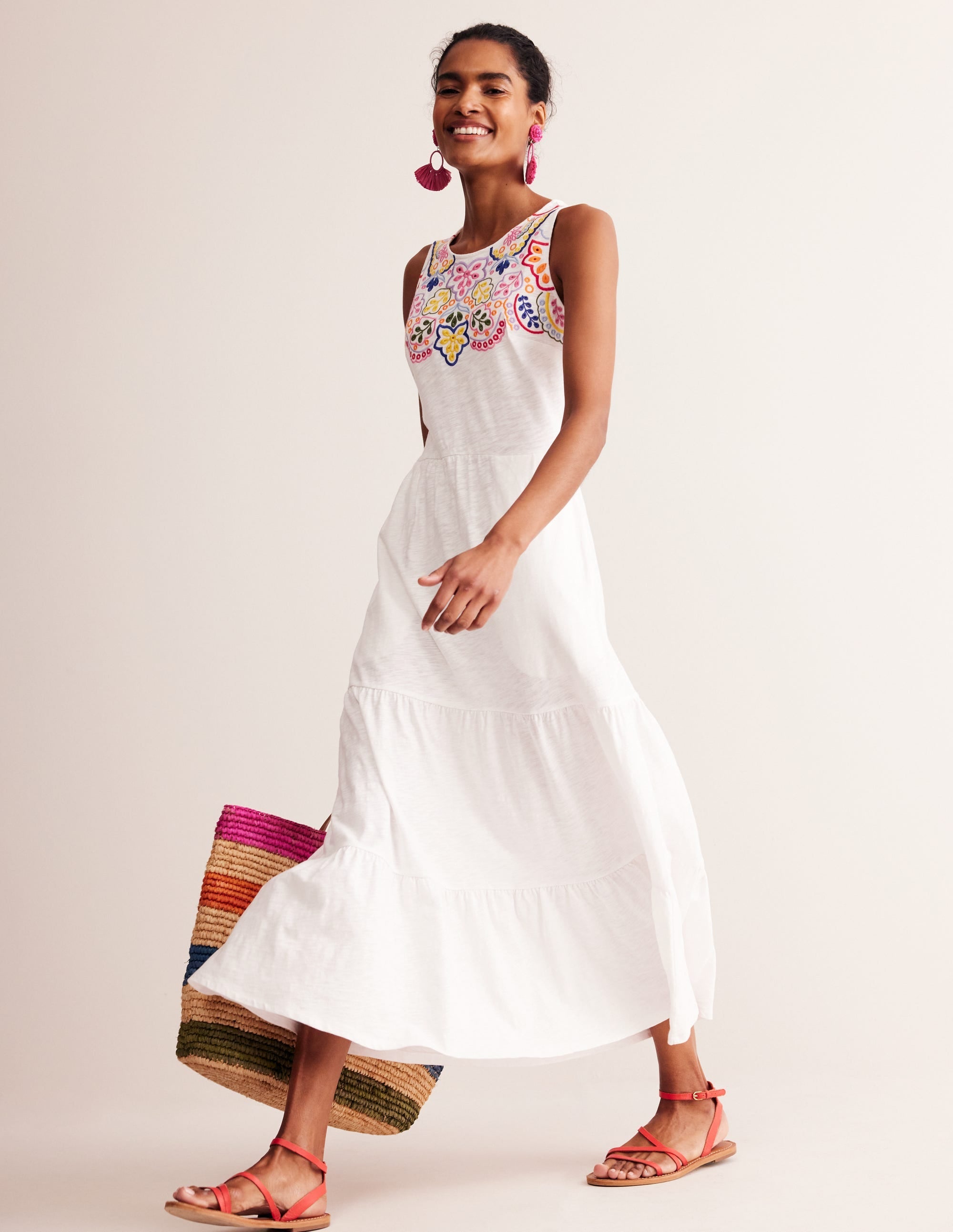 Embroidered Jersey Midi Dress-White - Image 4