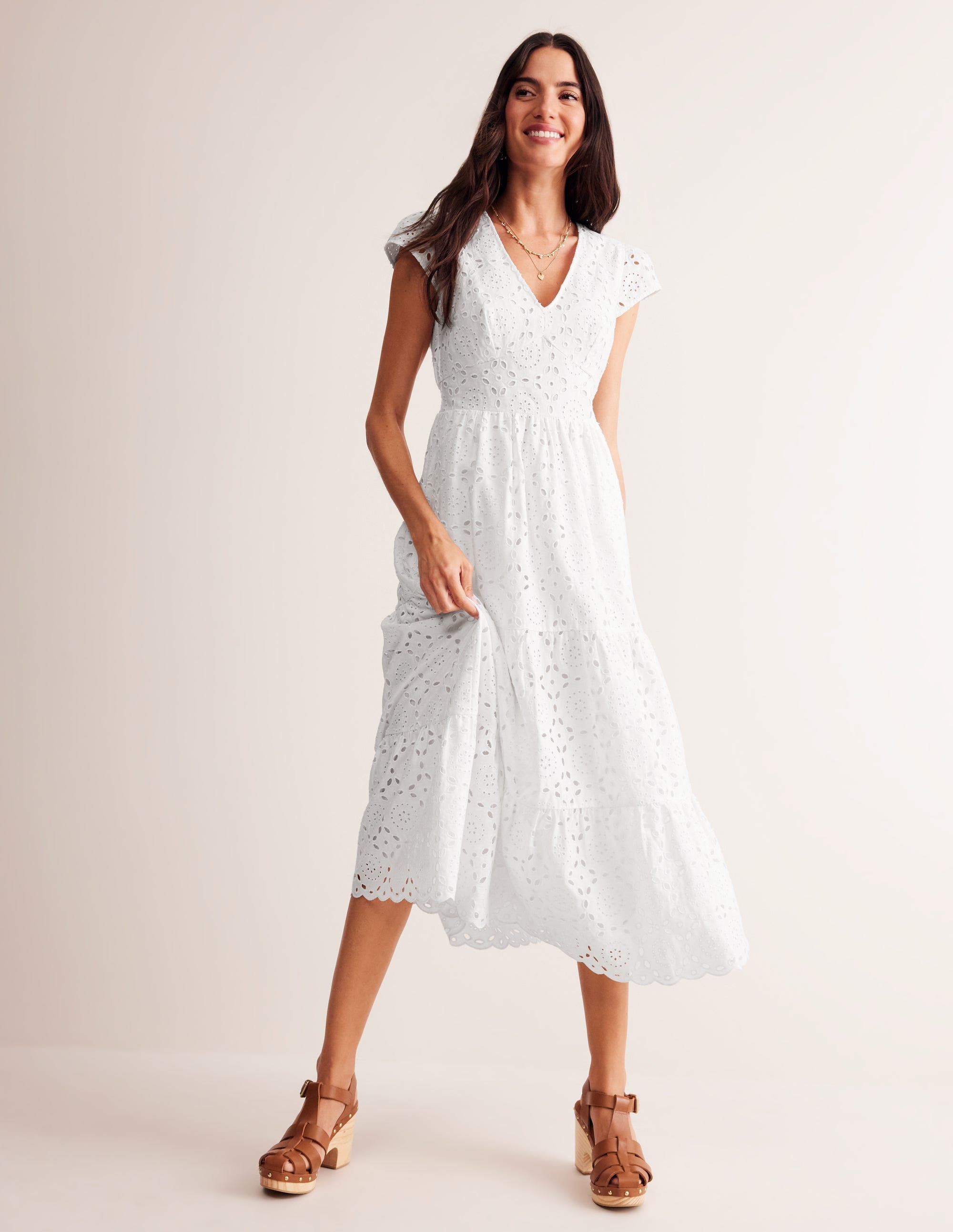 May Broderie Midi Tea Dress-White - Image 1