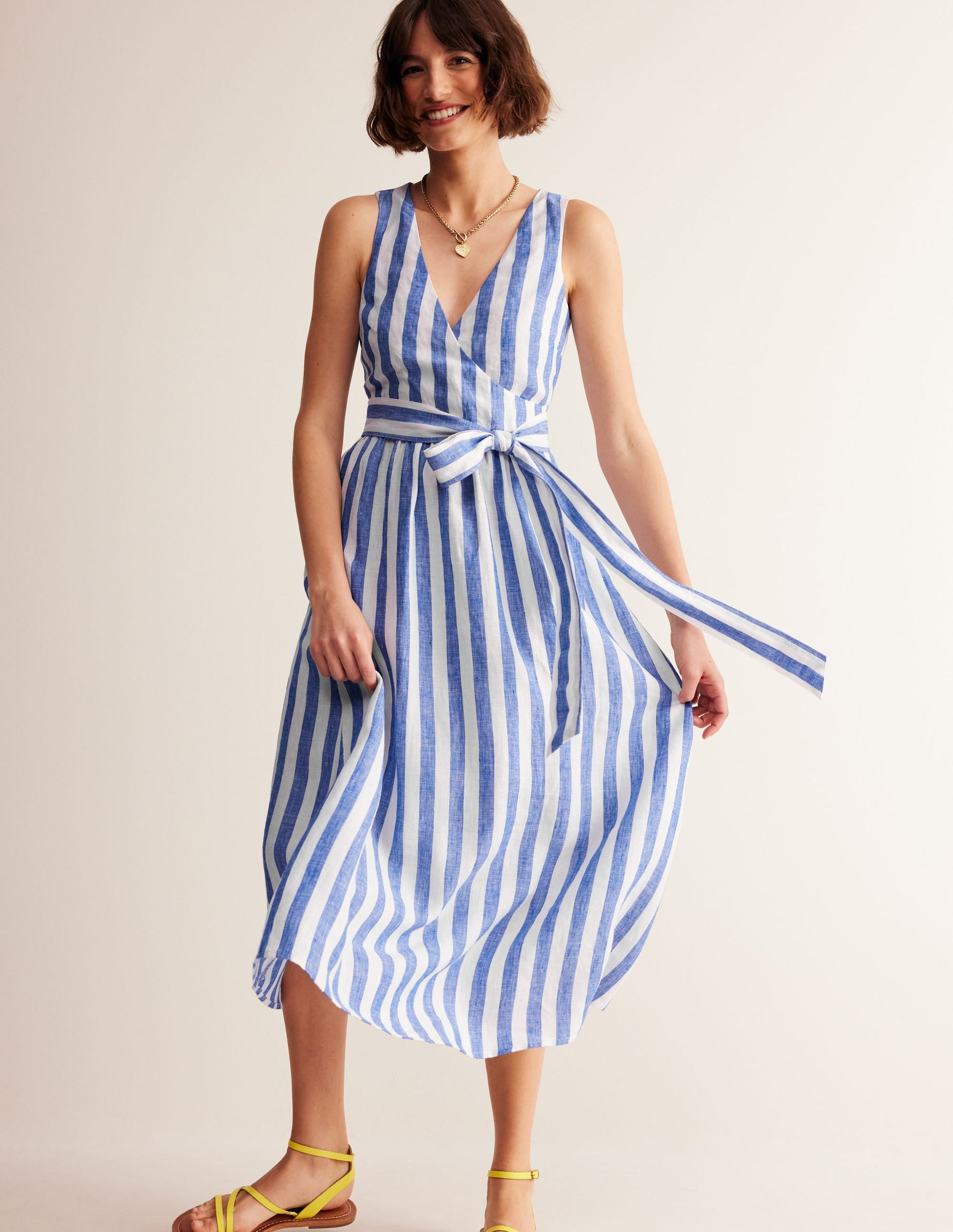 Linen Wrap Midi Dress-Surf The Web and Ivory-1