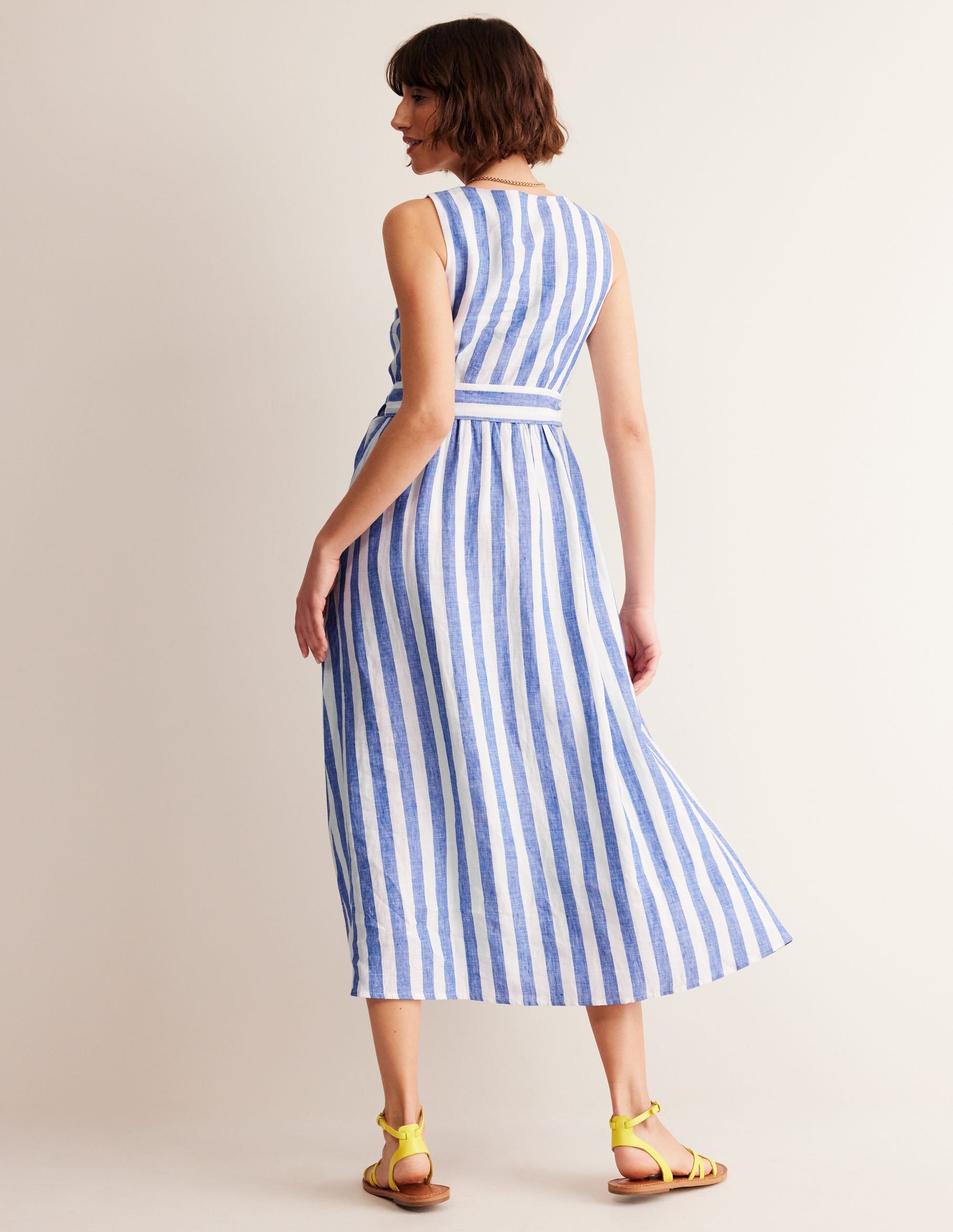 Linen Wrap Midi Dress-Surf The Web and Ivory - Image 3